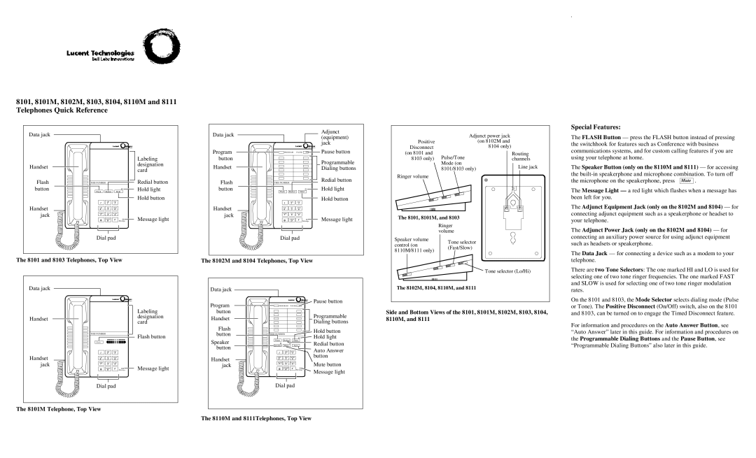 Lucent Technologies 8102M, 8110M, 8104, 8111 manual and 8103 Telephones, Top View, 8101M Telephone, Top View 