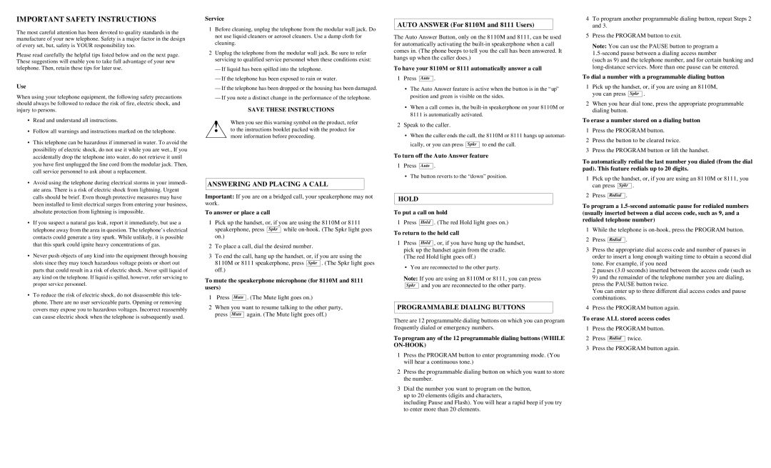 Lucent Technologies 8104 Important Safety Instructions, Answering and Placing a Call, Hold, Programmable Dialing Buttons 