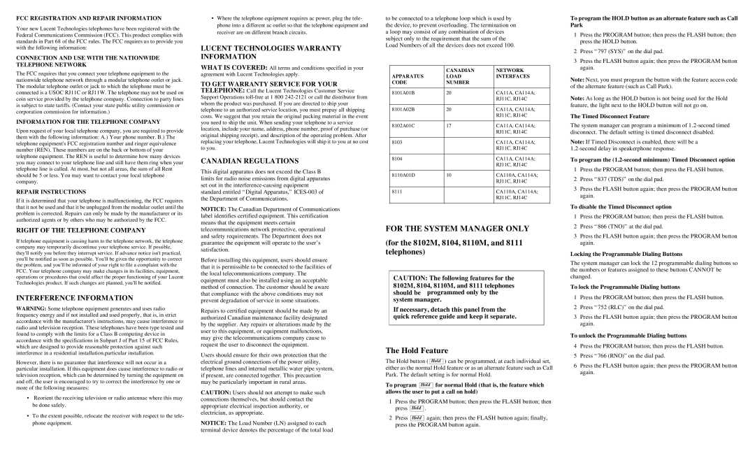 Lucent Technologies 8101, 8110M Lucent Technologies Warranty Information, Canadian Regulations, Interference Information 