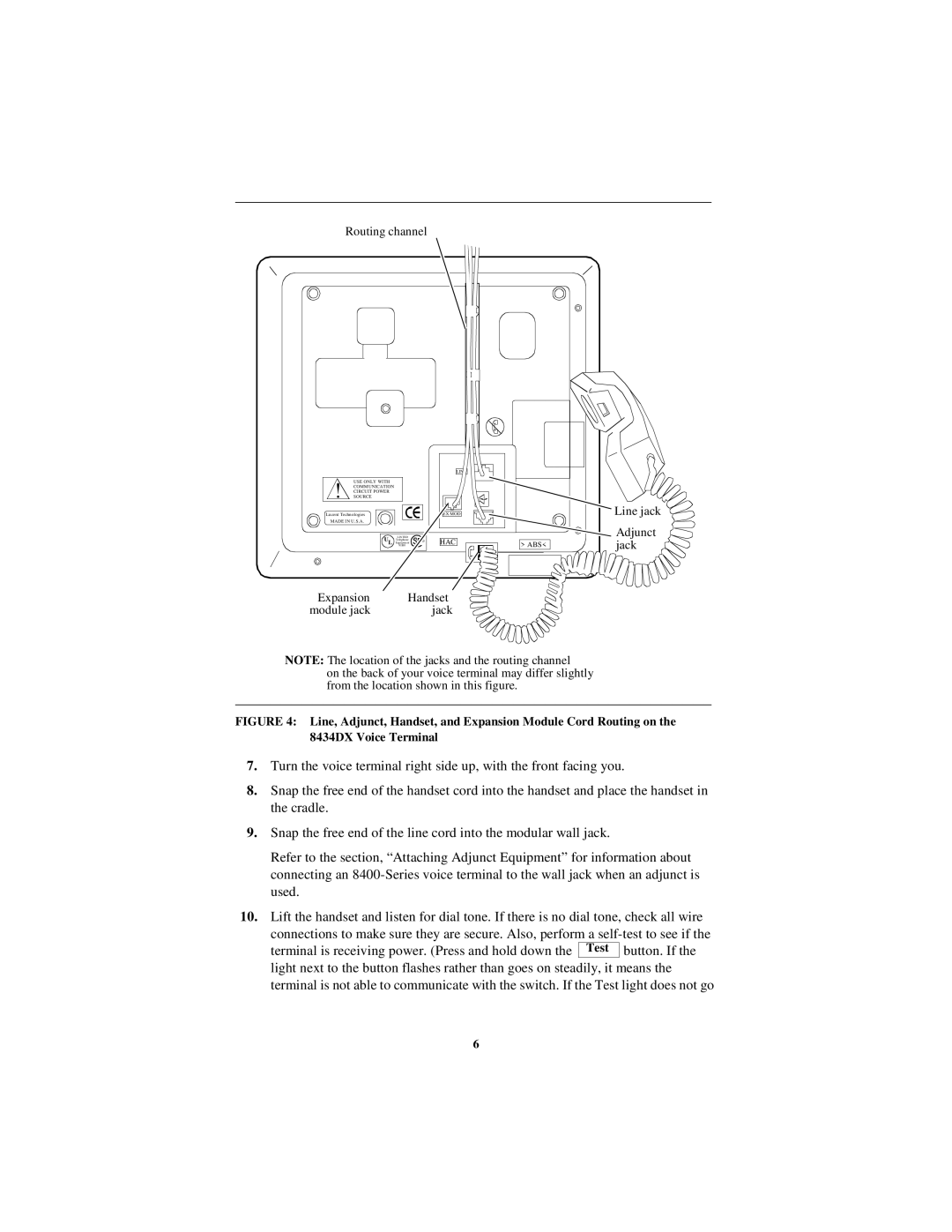 Lucent Technologies 8410, 8403, 8411, 8434DX, 8405 user manual Line jack Adjunct jack Expansion Handset Module jack 