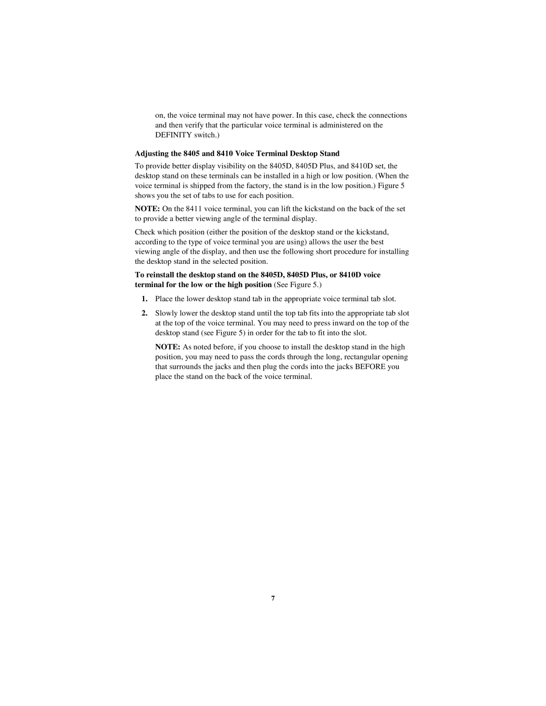 Lucent Technologies 8403, 8411, 8434DX user manual Adjusting the 8405 and 8410 Voice Terminal Desktop Stand 