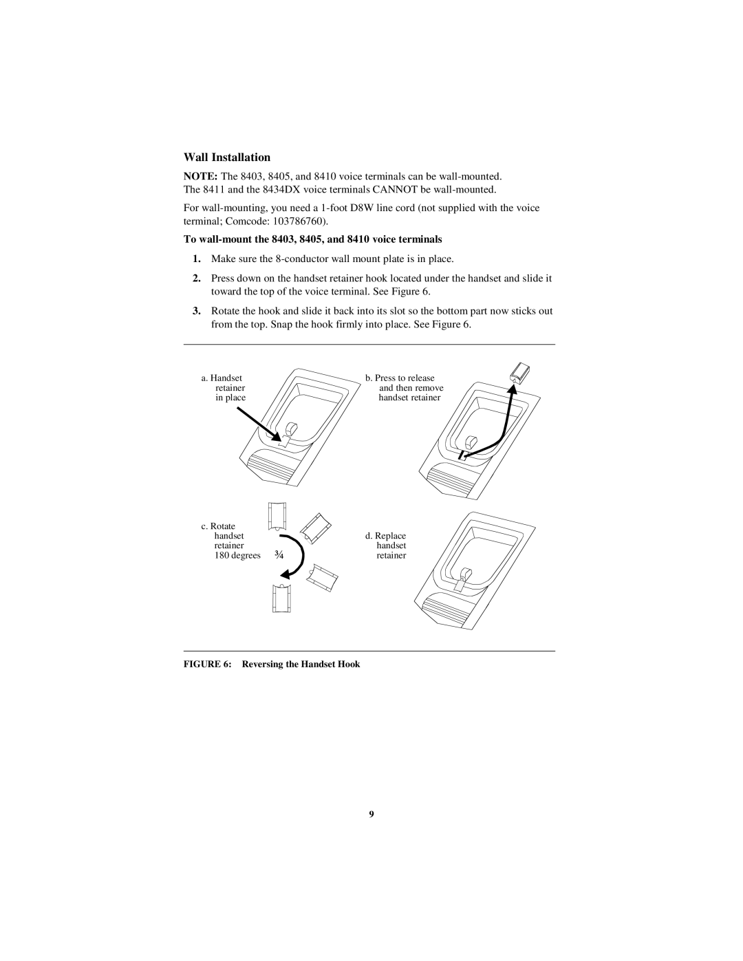 Lucent Technologies 8411, 8434DX user manual Wall Installation, To wall-mount the 8403, 8405, and 8410 voice terminals 