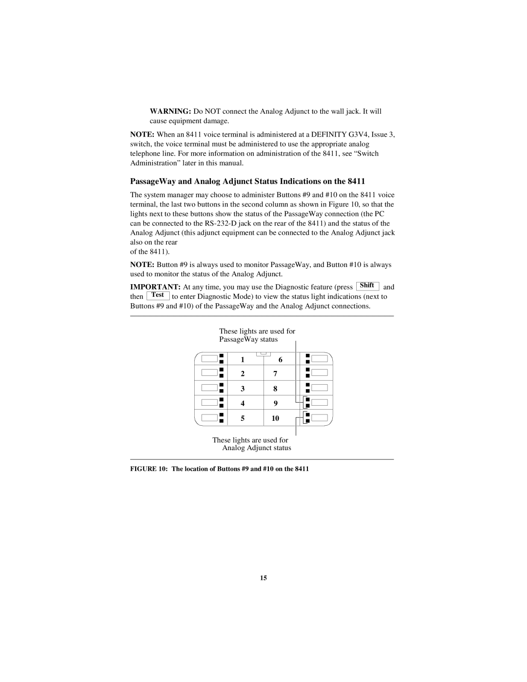 Lucent Technologies 8434DX, 8403 PassageWay and Analog Adjunct Status Indications on, Location of Buttons #9 and #10 on 