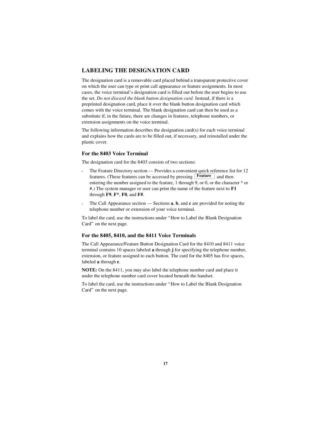 Lucent Technologies 8405, 8411, 8434DX, 8410 user manual Labeling the Designation Card, For the 8403 Voice Terminal 