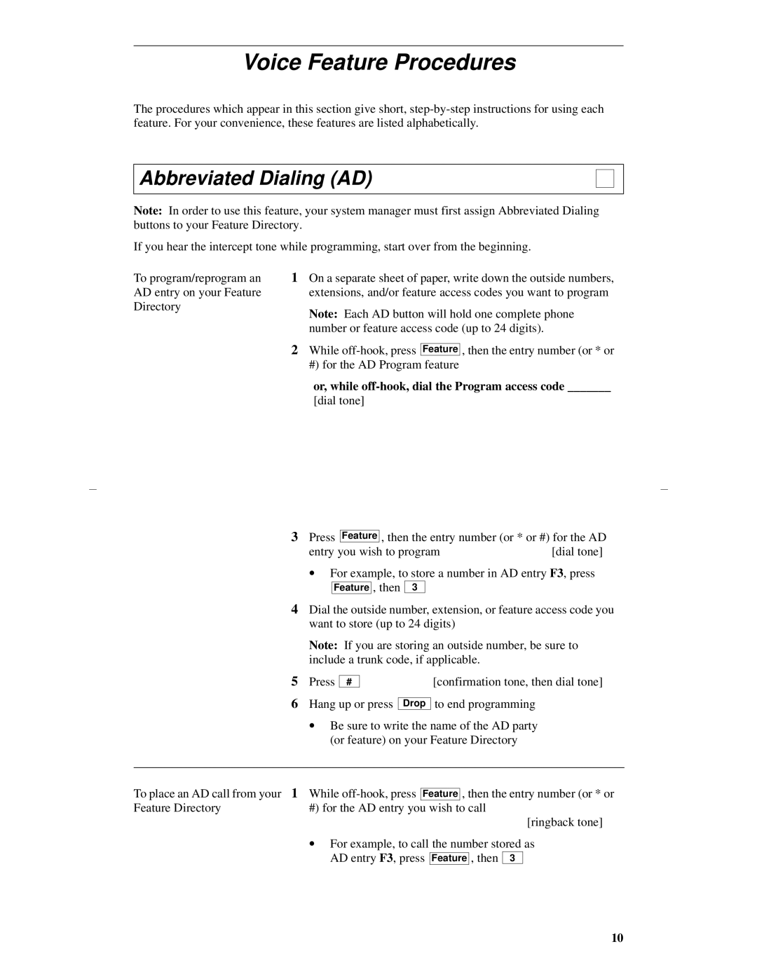 Lucent Technologies 8403 manual Voice Feature Procedures, Abbreviated Dialing AD 