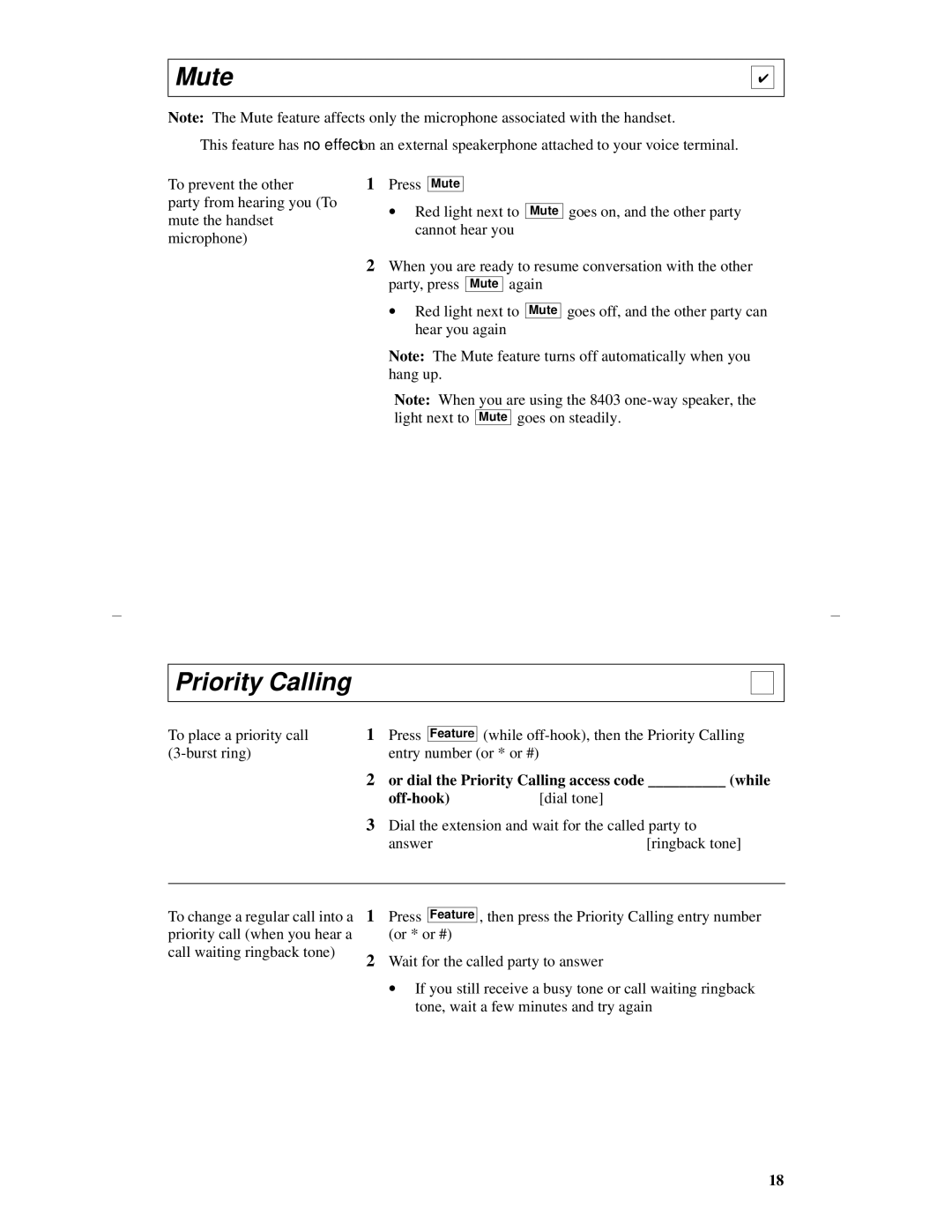 Lucent Technologies 8403 manual Mute, Or dial the Priority Calling access code while, Off-hook 