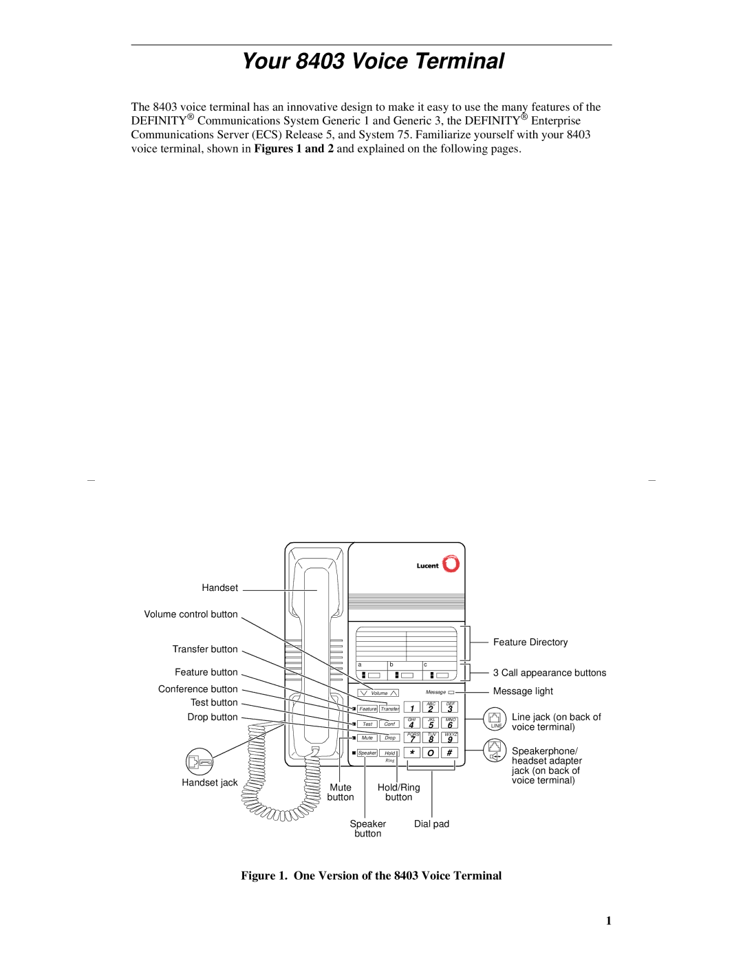 Lucent Technologies manual Your 8403 Voice Terminal, One Version of the 8403 Voice Terminal 