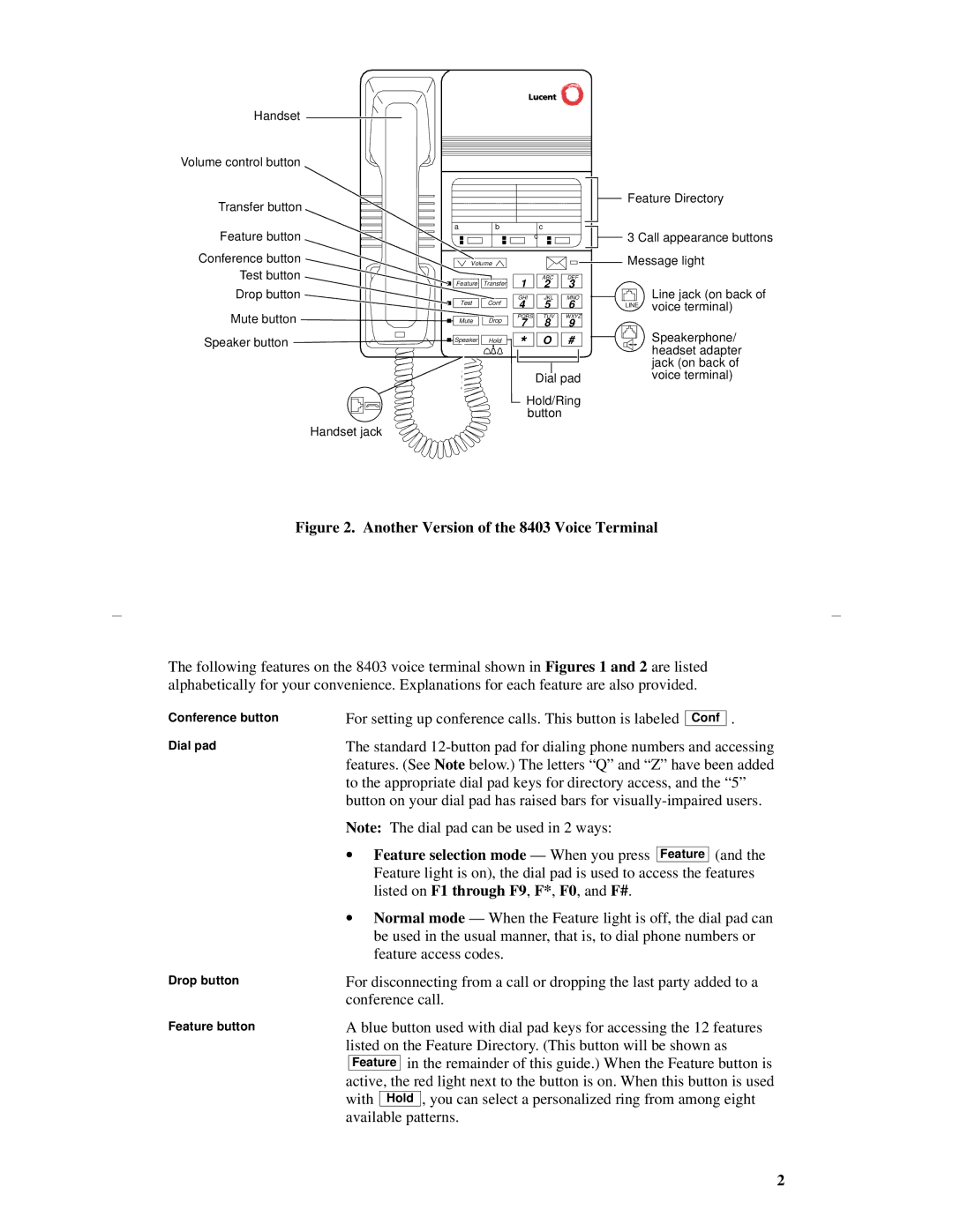 Lucent Technologies manual Another Version of the 8403 Voice Terminal, Feature selection mode When you press 