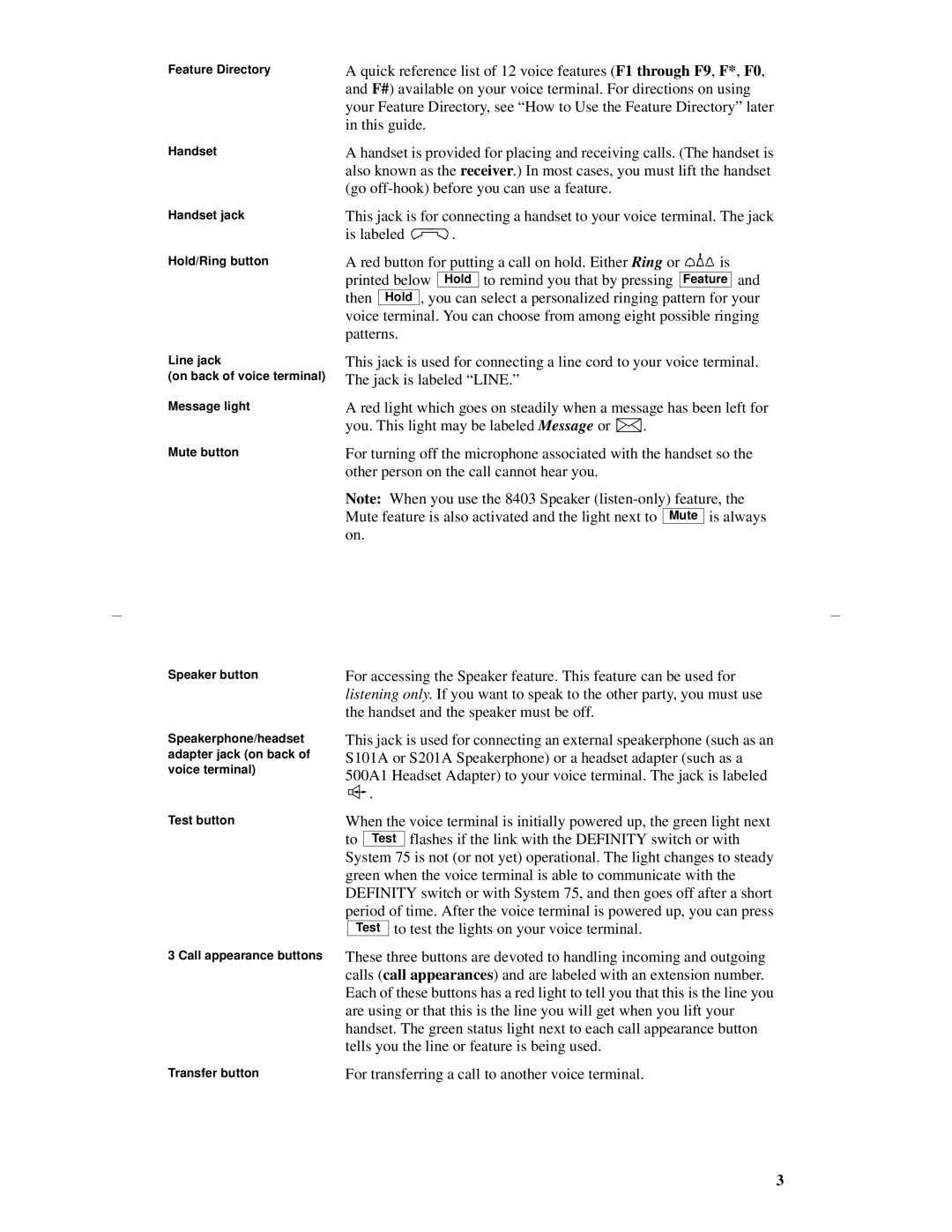 Lucent Technologies 8403 manual Test button Call appearance buttons Transfer button 