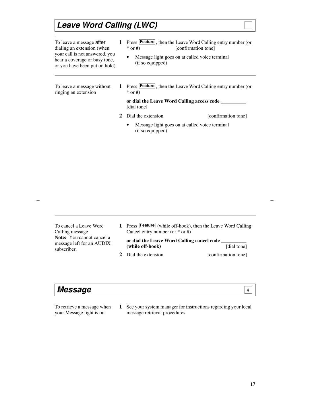 Lucent Technologies 8403 manual Leave Word Calling LWC, Message, Or dial the Leave Word Calling access code 