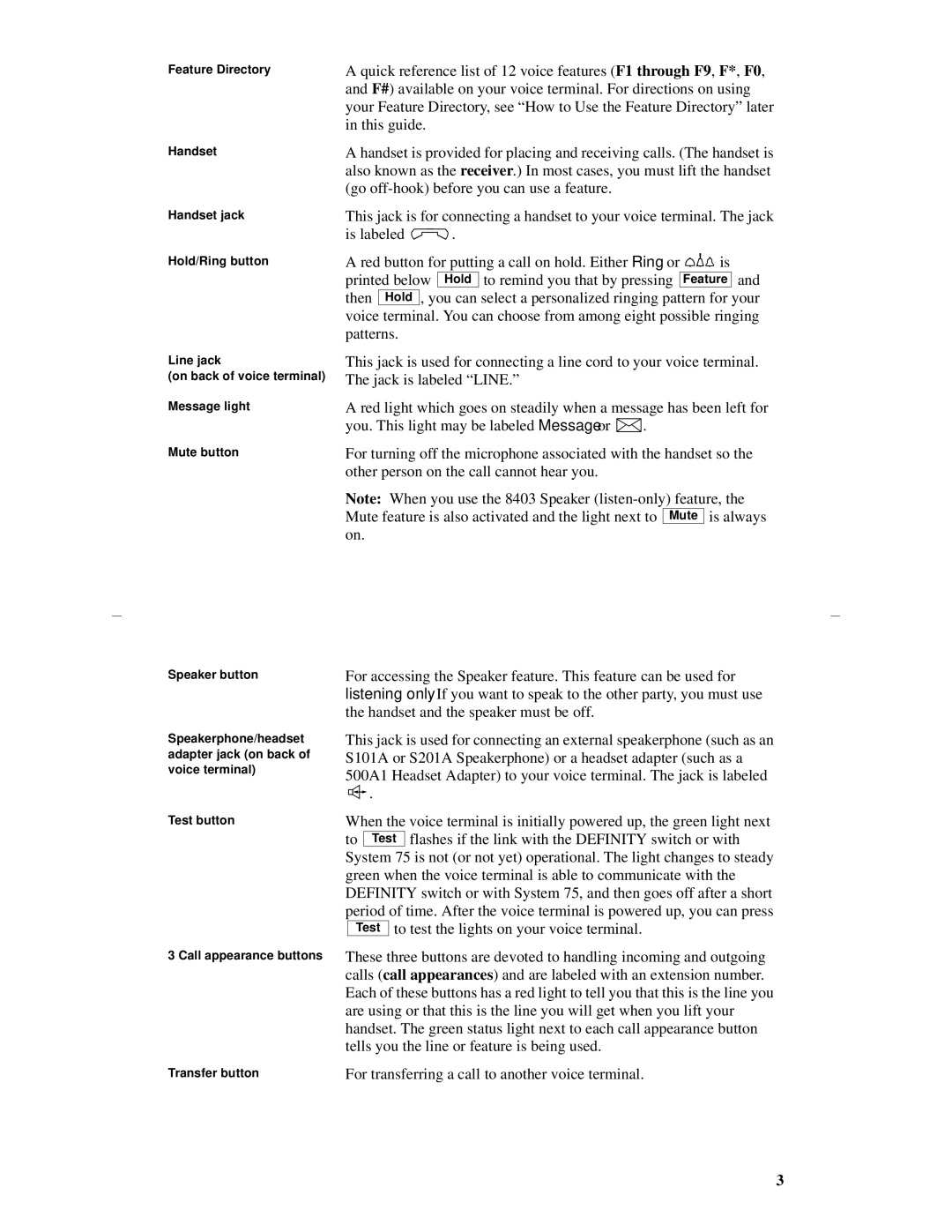 Lucent Technologies 8403 manual Test button Call appearance buttons Transfer button 