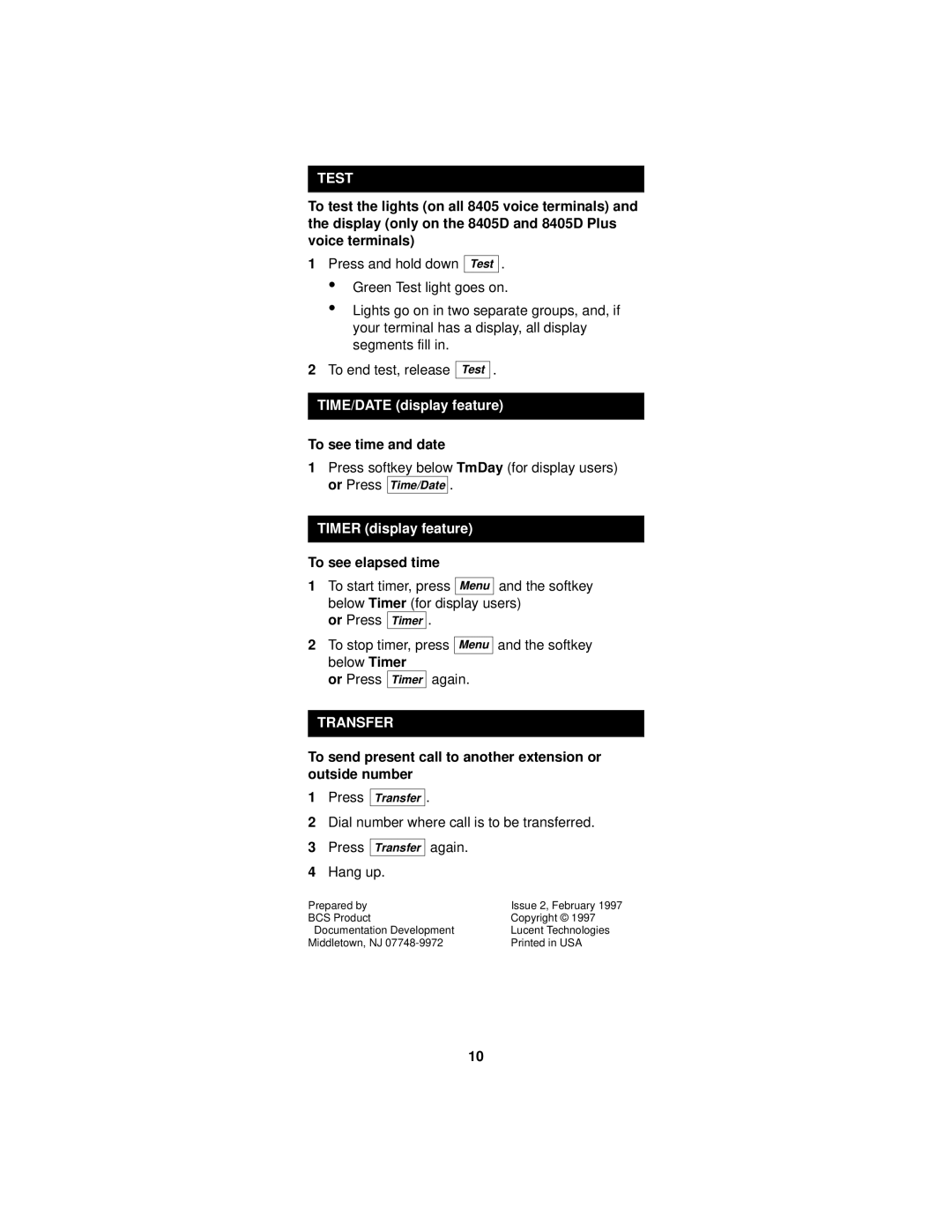 Lucent Technologies 8405 manual Test, TIME/DATE display feature, Timer display feature, Transfer 