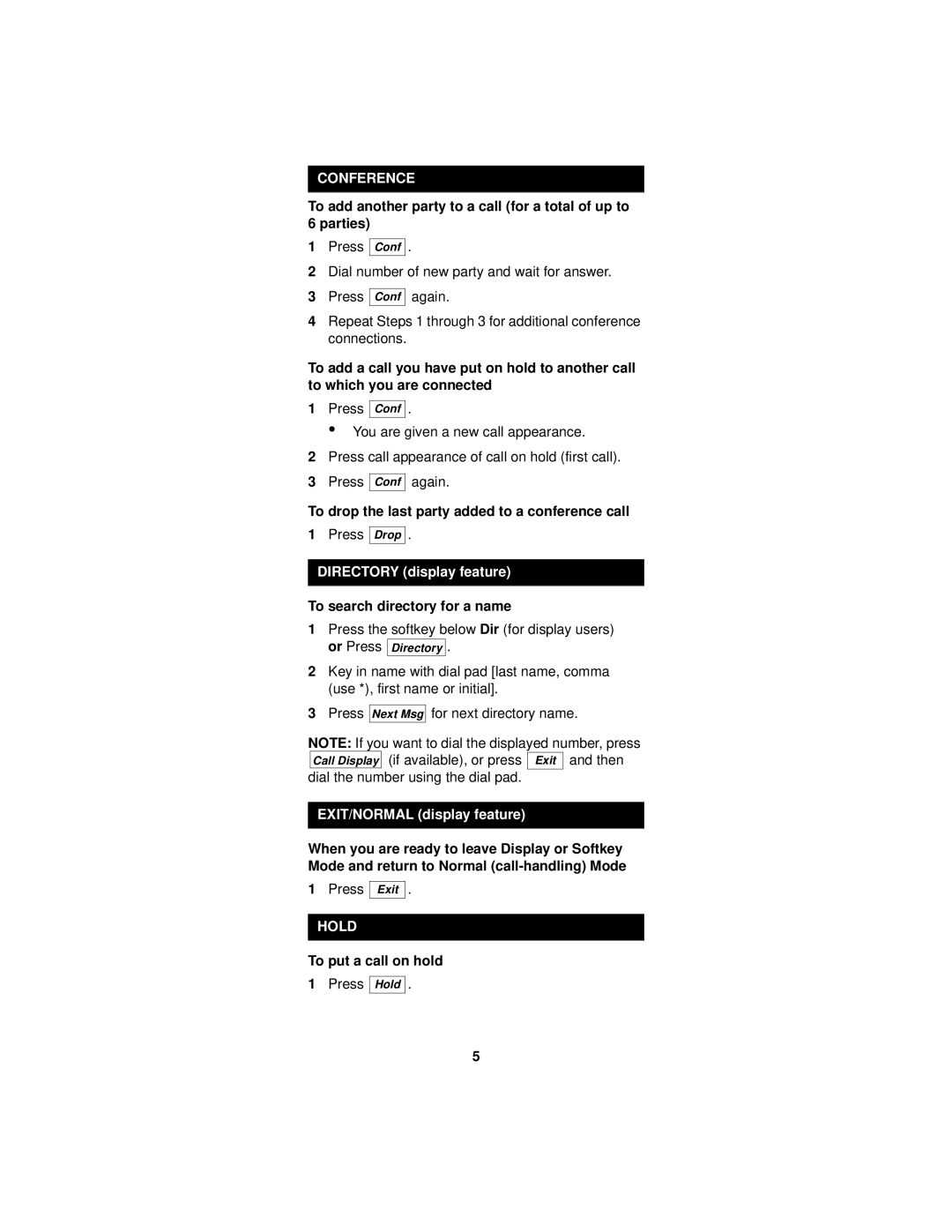 Lucent Technologies 8405 manual Conference, Directory display feature, EXIT/NORMAL display feature, Hold 