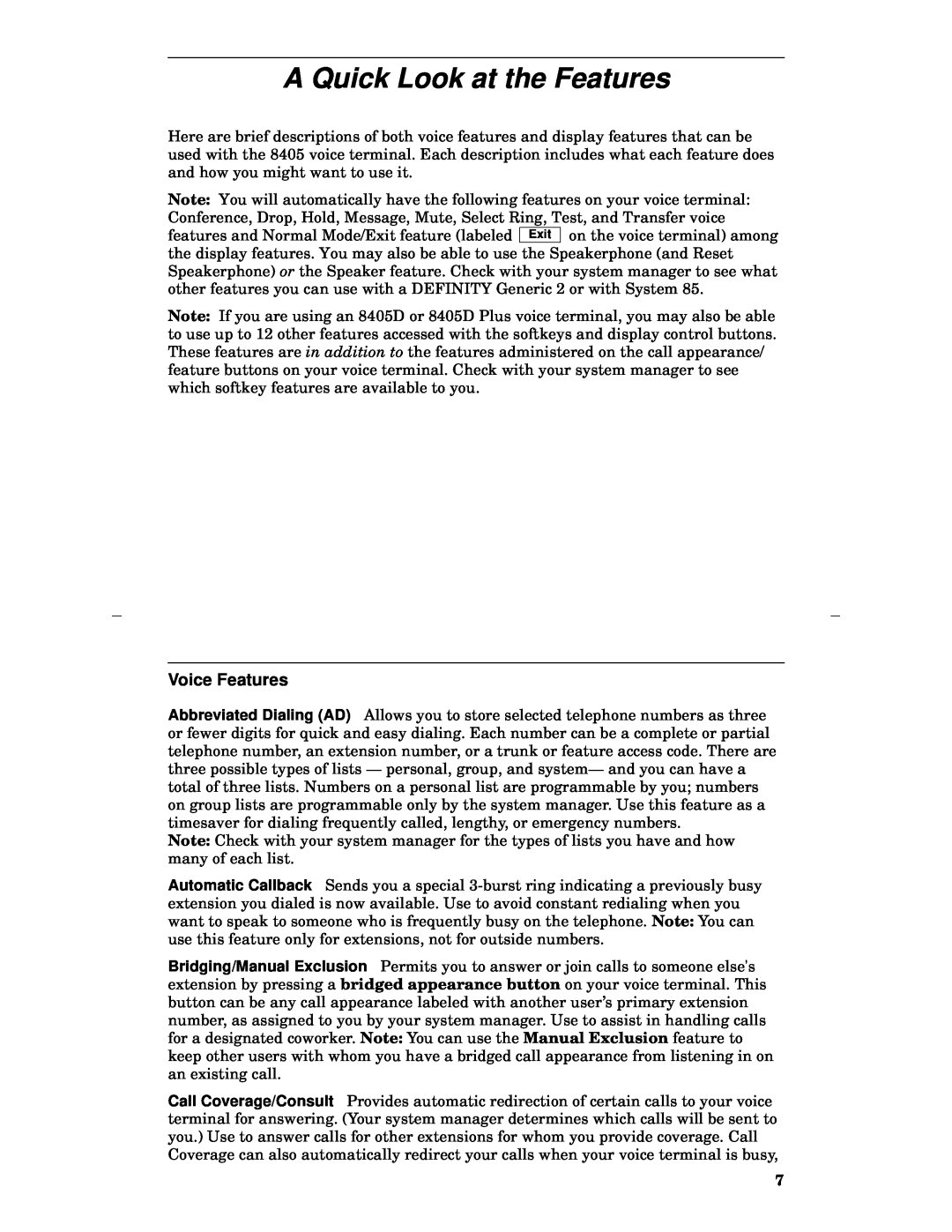 Lucent Technologies 8405 manual A Quick Look at the Features, Voice Features 