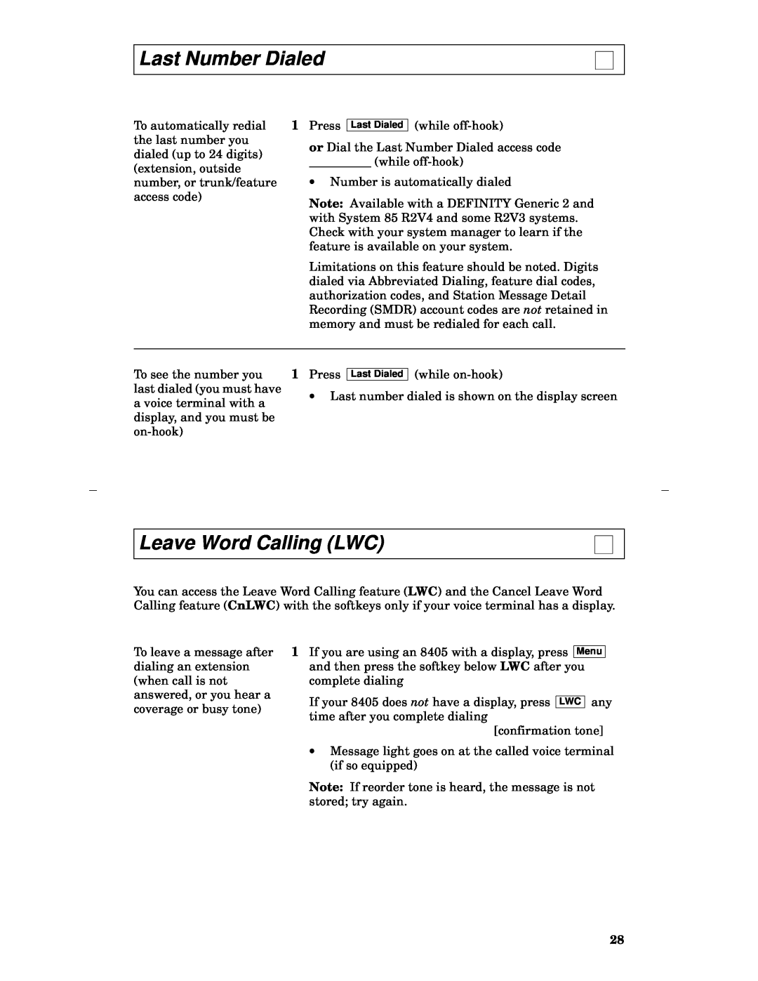 Lucent Technologies 8405 manual Last Number Dialed, Leave Word Calling LWC 