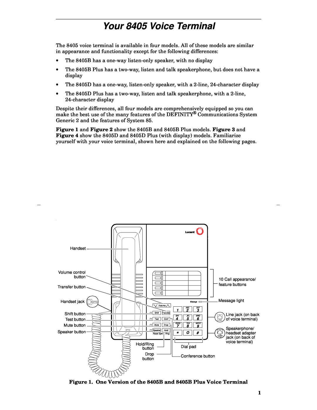Lucent Technologies manual Your 8405 Voice Terminal, One Version of the 8405B and 8405B Plus Voice Terminal 