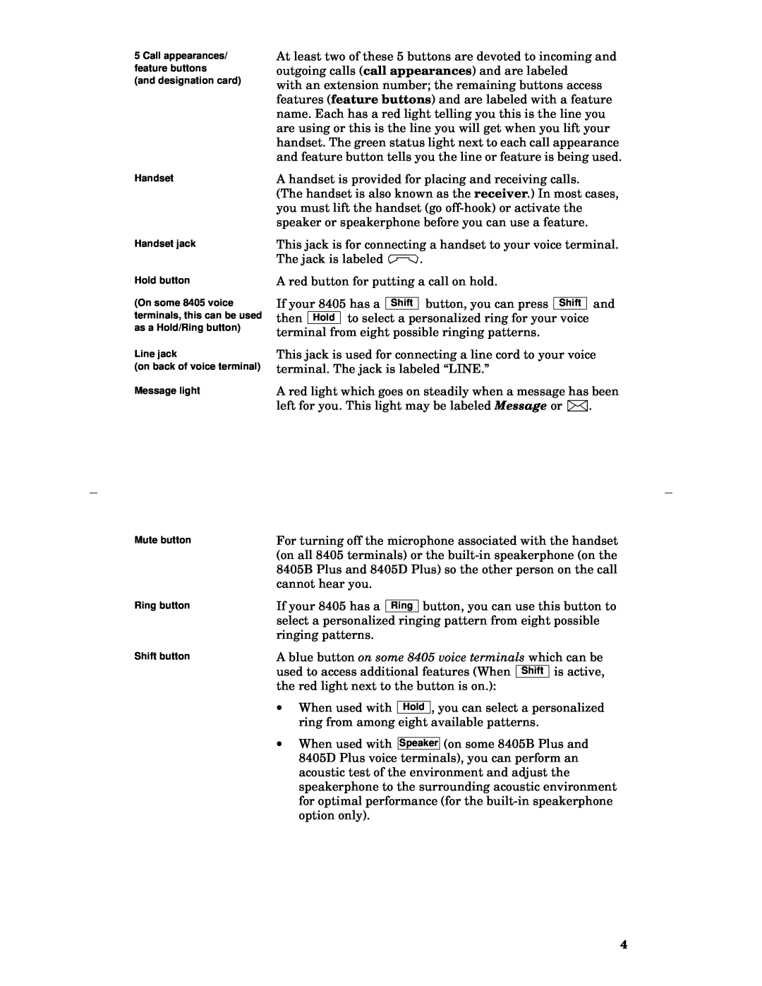 Lucent Technologies 8405 manual A handset is provided for placing and receiving calls 