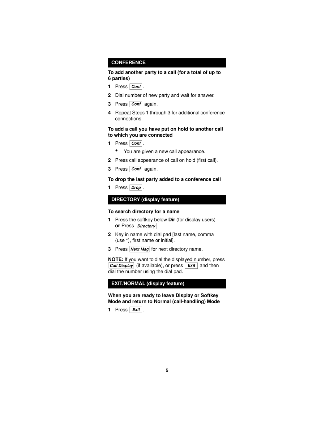 Lucent Technologies 8410 manual Conference, To drop the last party added to a conference call, Directory display feature 