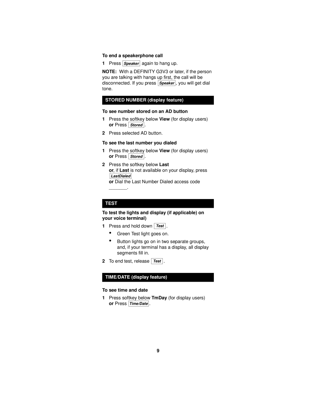 Lucent Technologies 8410 manual Stored Number display feature, Test, TIME/DATE display feature 