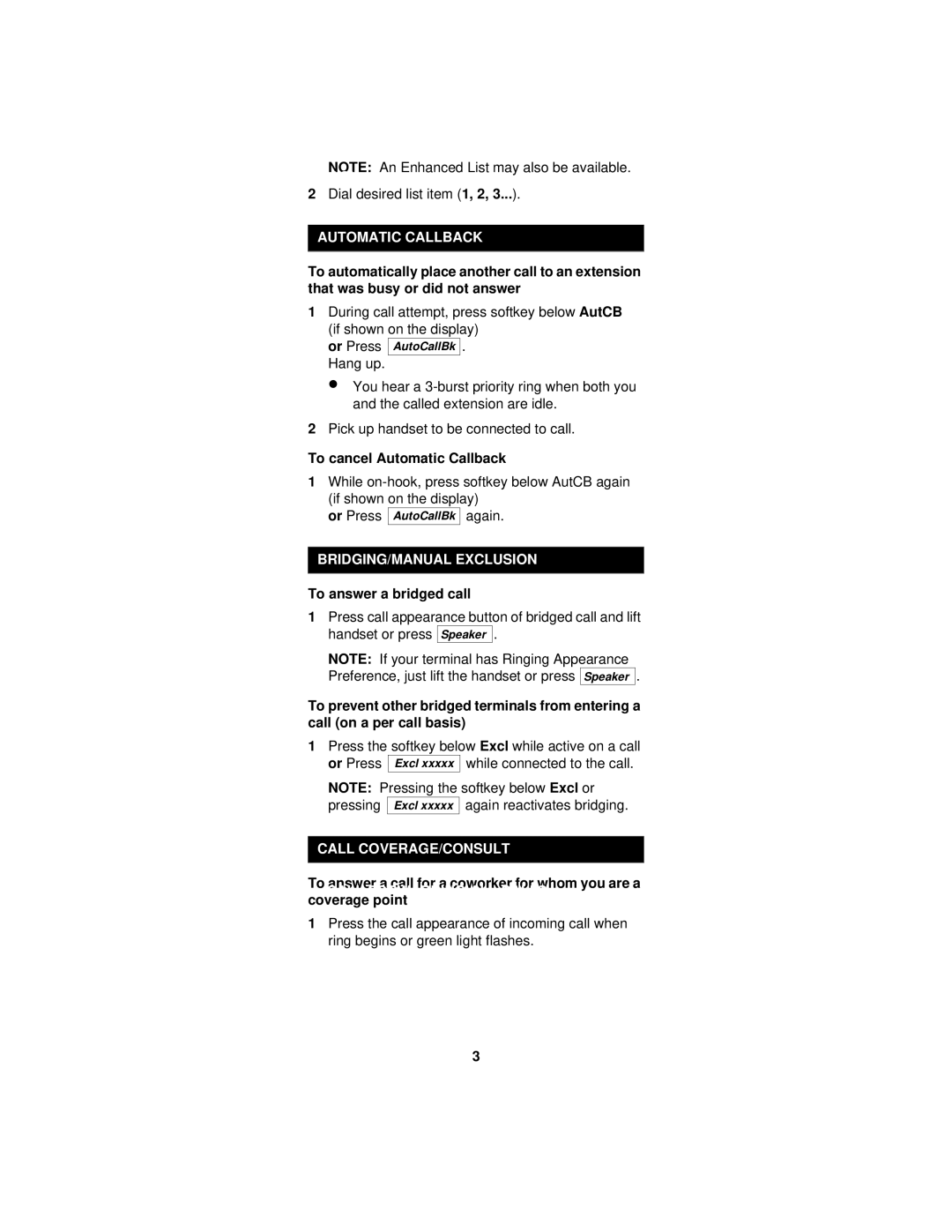 Lucent Technologies 8434DX manual To cancel Automatic Callback, BRIDGING/MANUAL Exclusion, To answer a bridged call 