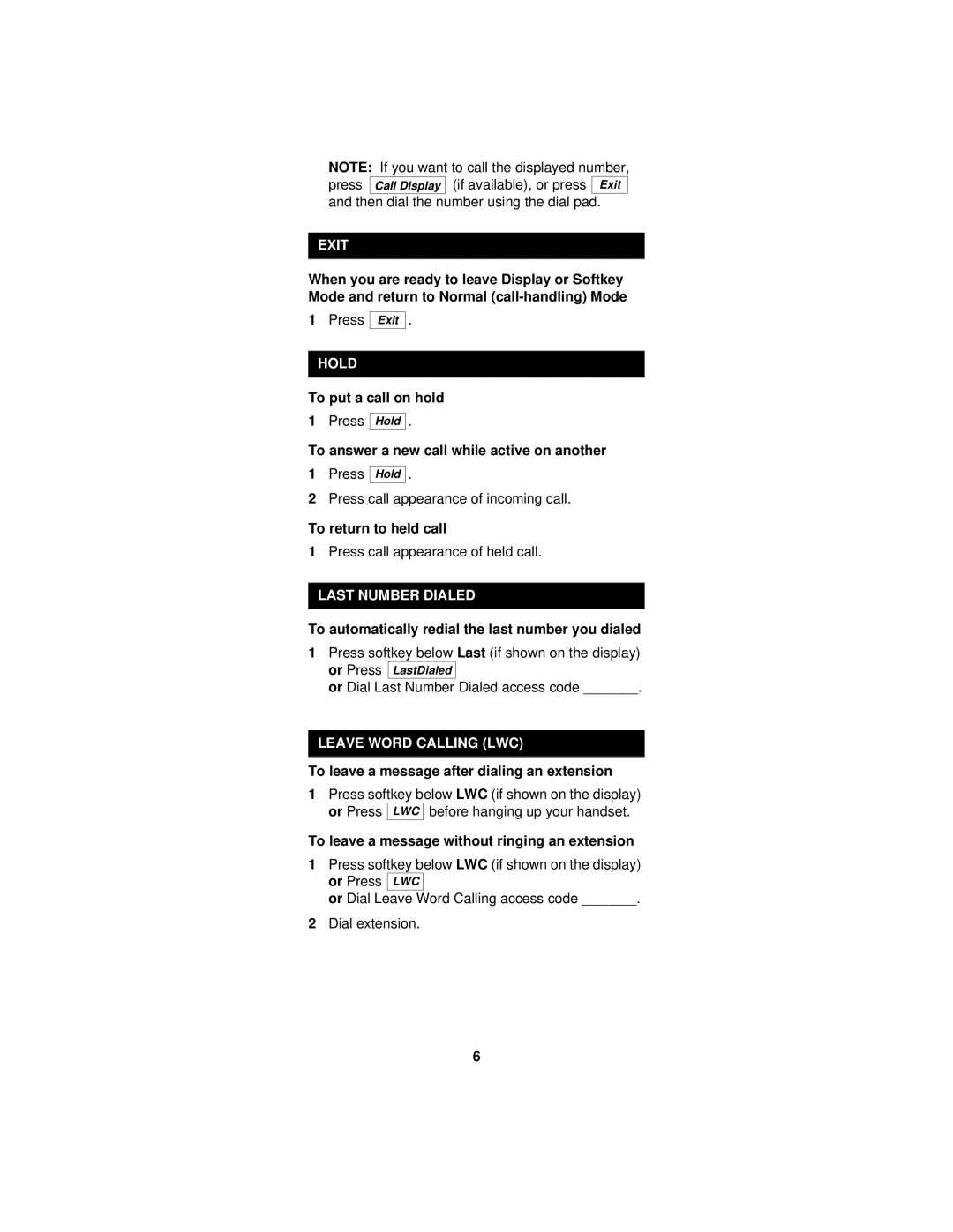 Lucent Technologies 8434DX manual Exit, Hold, Last Number Dialed, Leave Word Calling LWC 