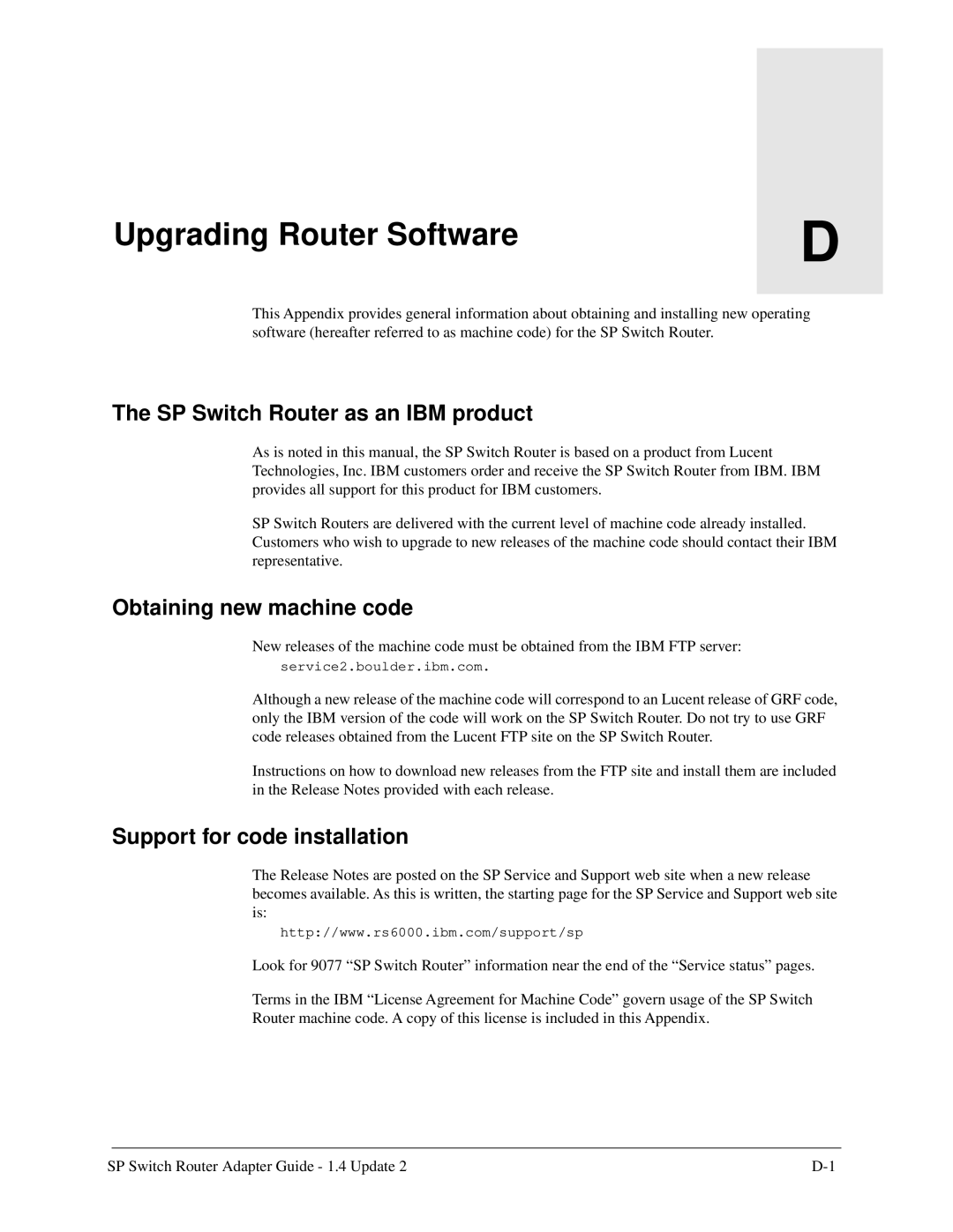 Lucent Technologies 9077 16S SP Switch Router as an IBM product, Obtaining new machine code, Support for code installation 