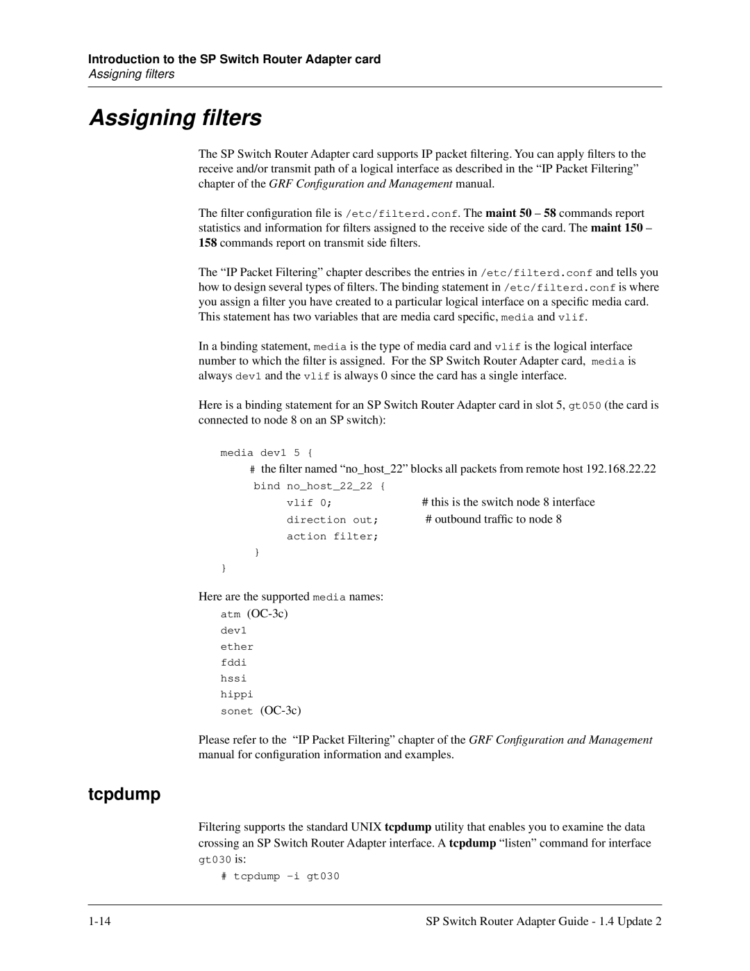 Lucent Technologies 9077 16S, 9077 04S, 9076 manual Assigning ﬁlters, Tcpdump 