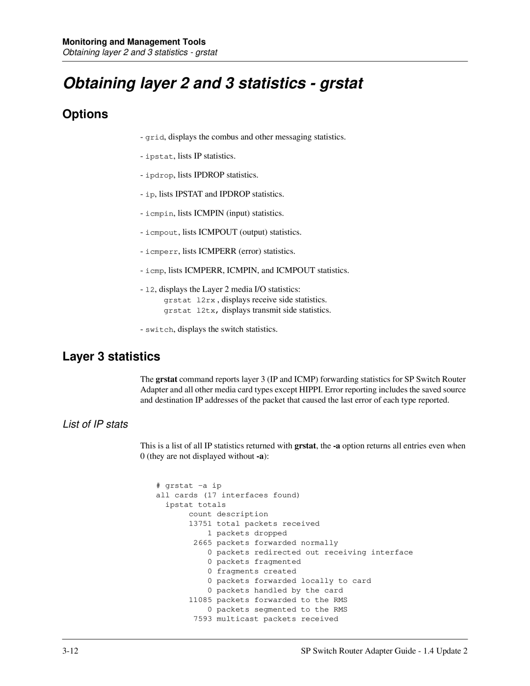 Lucent Technologies 9077 04S Obtaining layer 2 and 3 statistics grstat, Options, Layer 3 statistics, List of IP stats 