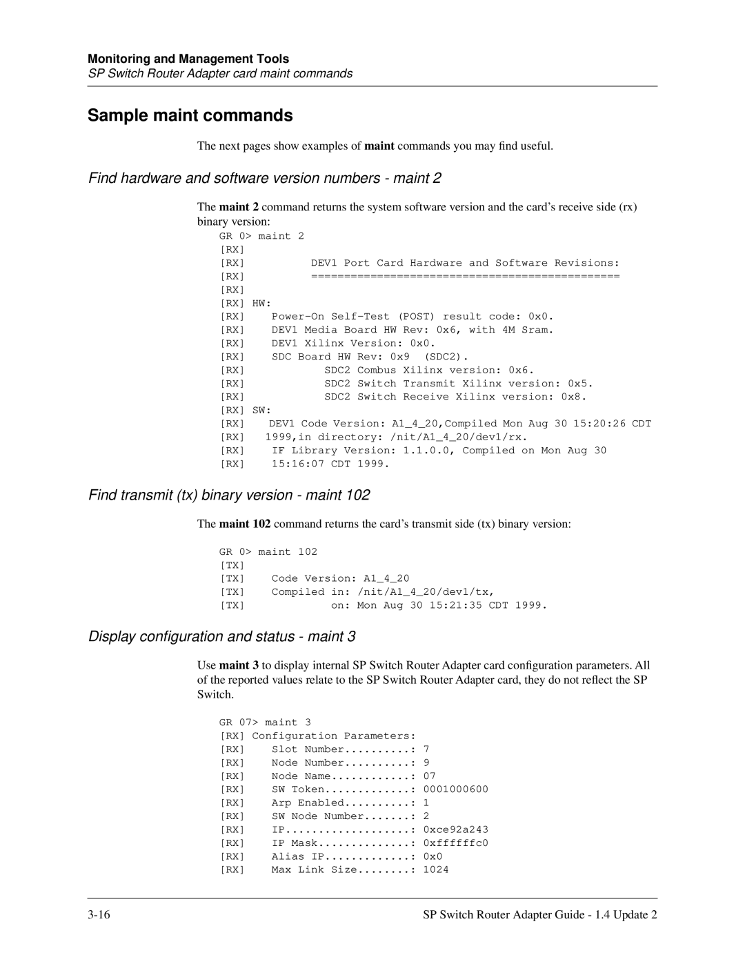 Lucent Technologies 9076, 9077 16S, 9077 04S manual Sample maint commands, Find hardware and software version numbers maint 