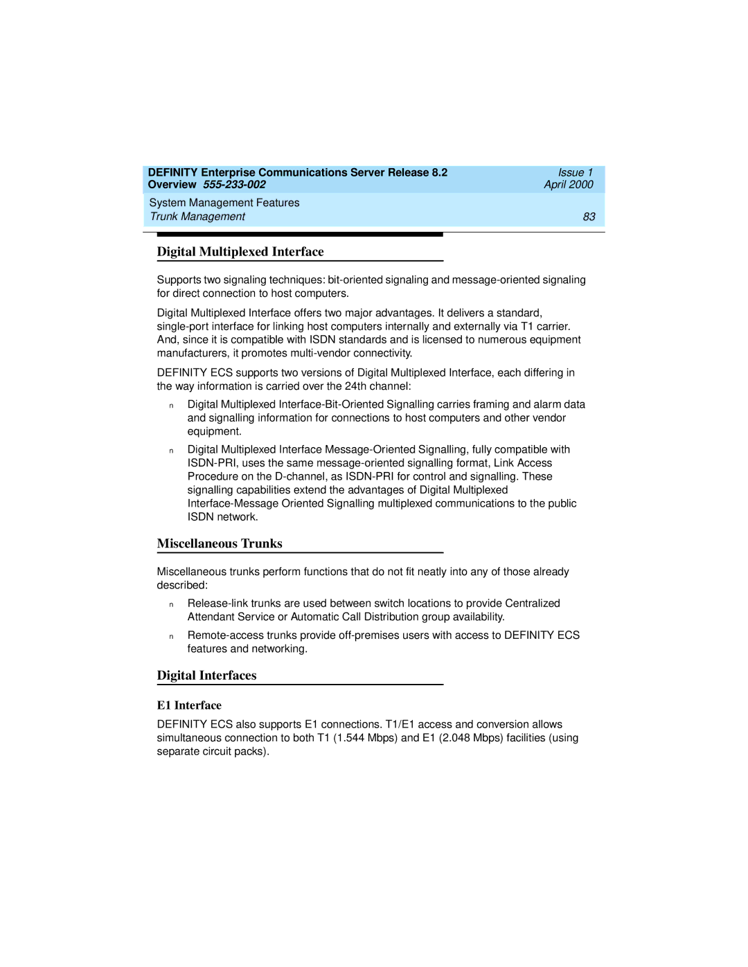 Lucent Technologies 8400, 9400 manual Digital Multiplexed Interface, Miscellaneous Trunks, Digital Interfaces, E1 Interface 