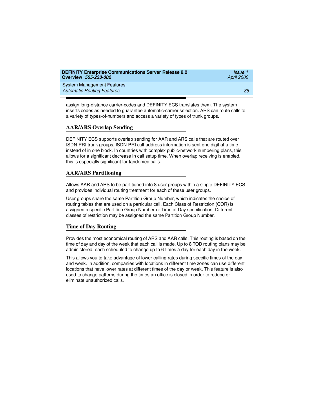 Lucent Technologies 9400, 8400 manual AAR/ARS Overlap Sending, AAR/ARS Partitioning, Time of Day Routing 