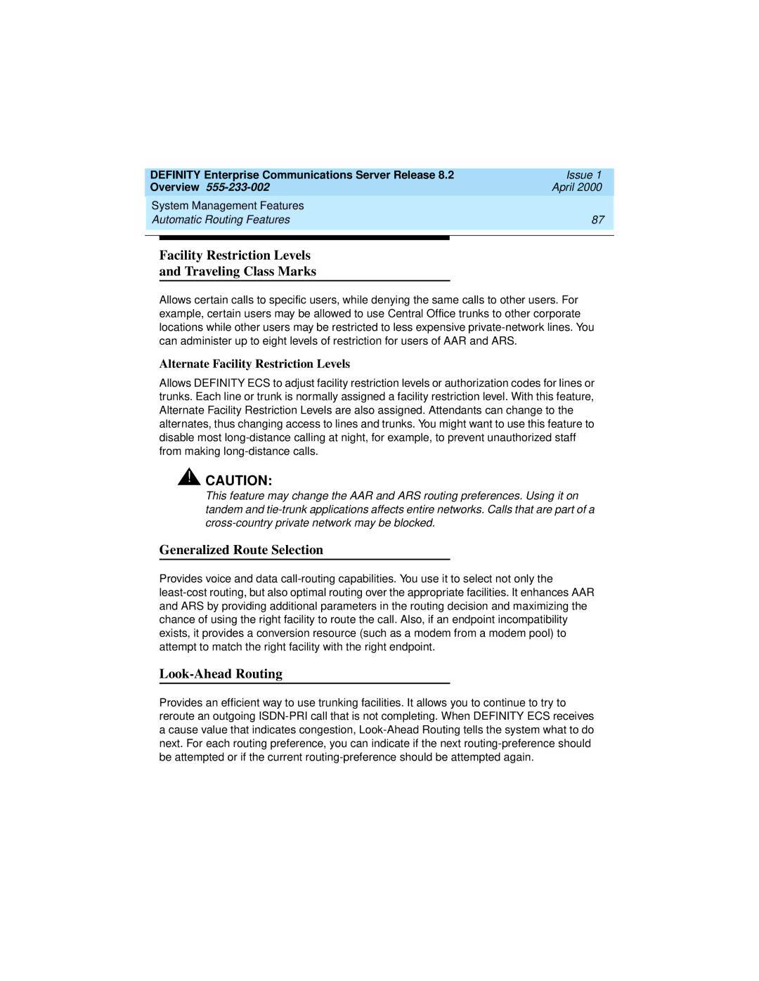 Lucent Technologies 8400, 9400 manual Facility Restriction Levels Traveling Class Marks, Generalized Route Selection 