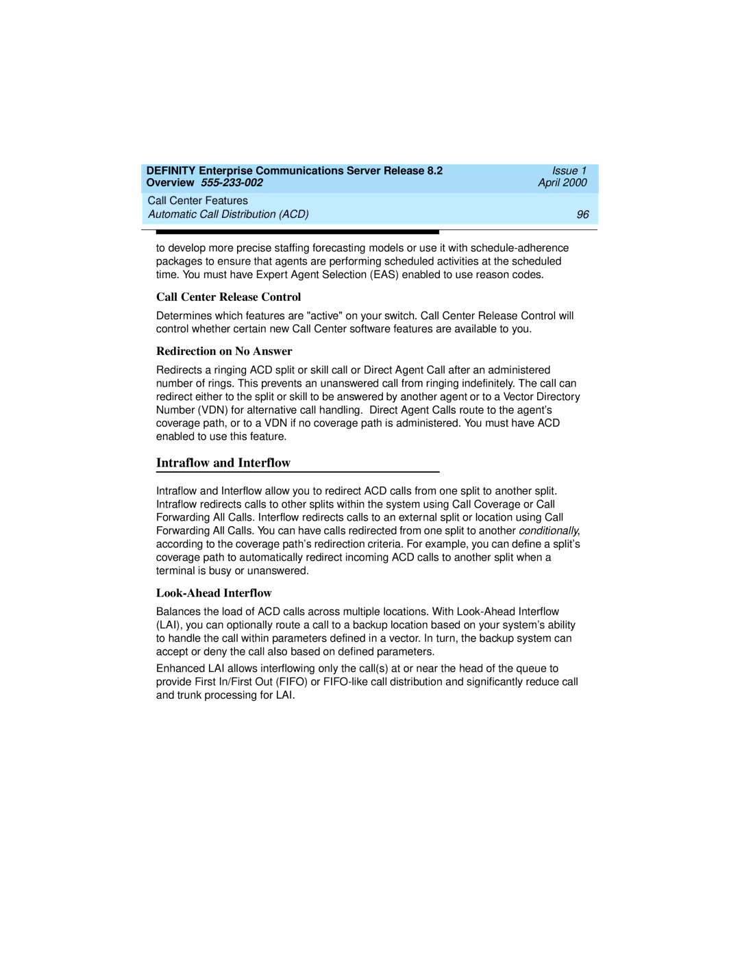 Lucent Technologies 9400, 8400 manual Intraflow and Interflow, Call Center Release Control, Redirection on No Answer 