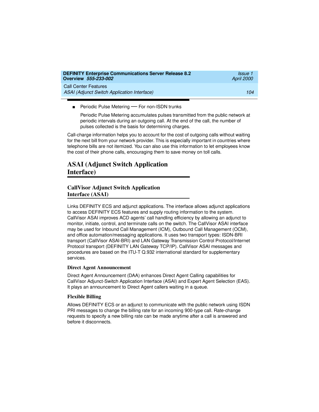 Lucent Technologies 9400 Asai Adjunct Switch Application Interface, CallVisor Adjunct Switch Application Interface Asai 