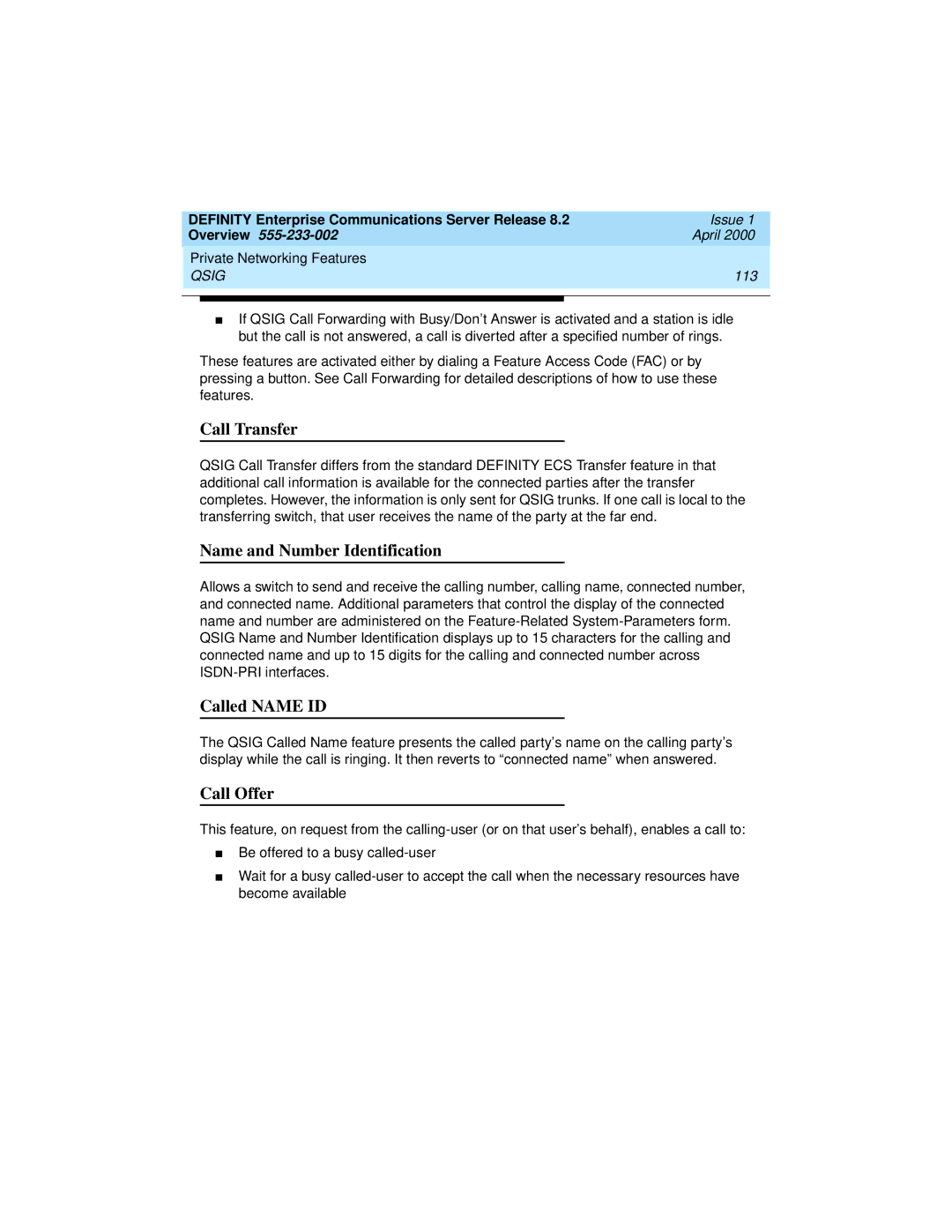 Lucent Technologies 8400, 9400 manual Call Transfer, Name and Number Identification, Called Name ID, Call Offer, 113 