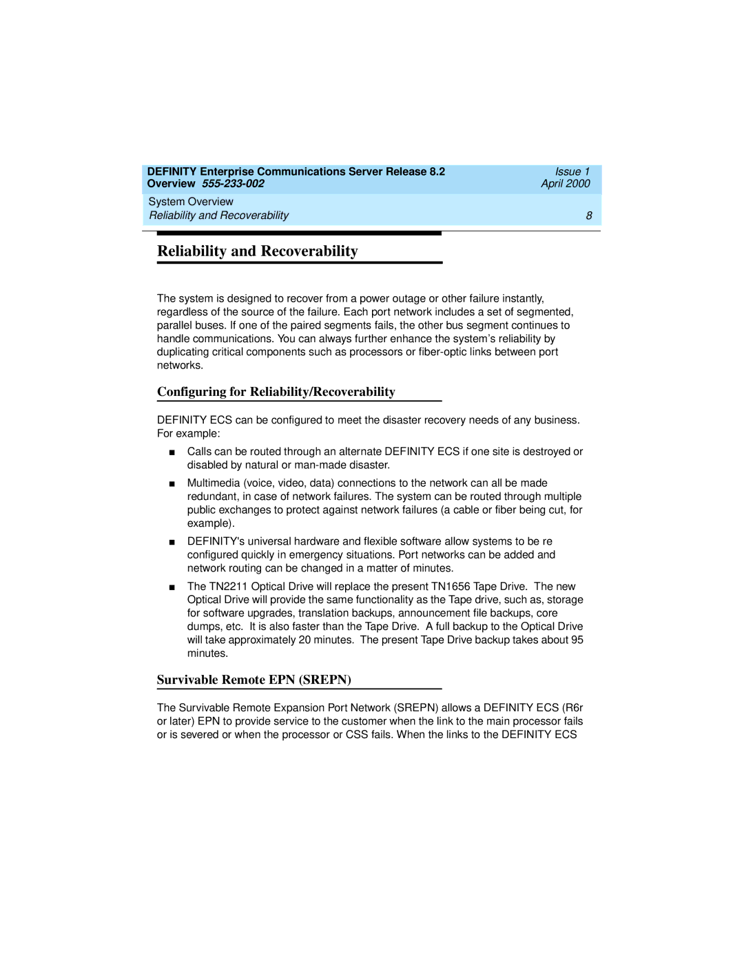 Lucent Technologies 9400, 8400 manual Reliability and Recoverability, Configuring for Reliability/Recoverability 