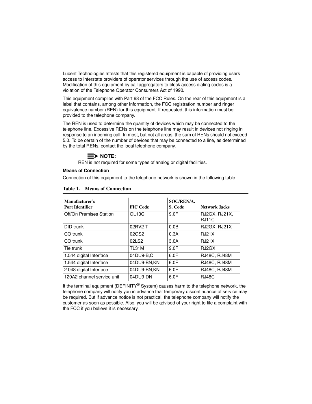 Lucent Technologies 8400, 9400 manual Means of Connection, Manufacturer’s, Port Identifier FIC Code Network Jacks 