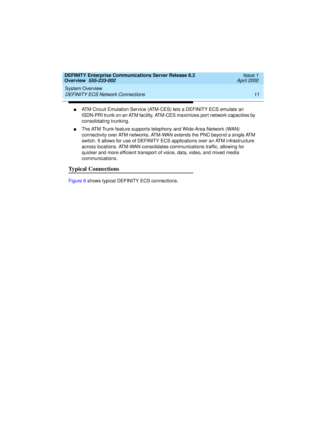 Lucent Technologies 8400, 9400 manual Typical Connections, Shows typical Definity ECS connections 