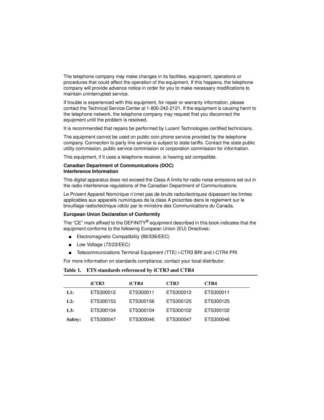 Lucent Technologies 9400, 8400 manual ETS standards referenced by iCTR3 and CTR4, ICTR3 ICTR4, Safety 