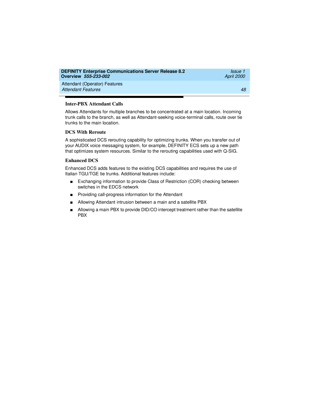 Lucent Technologies 9400, 8400 manual Inter-PBX Attendant Calls, DCS With Reroute, Enhanced DCS 