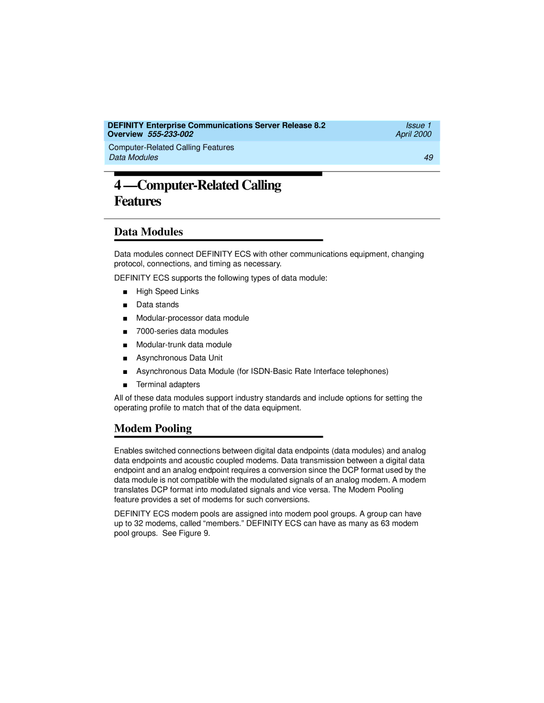 Lucent Technologies 8400, 9400 manual Computer-Related Calling Features, Data Modules, Modem Pooling 