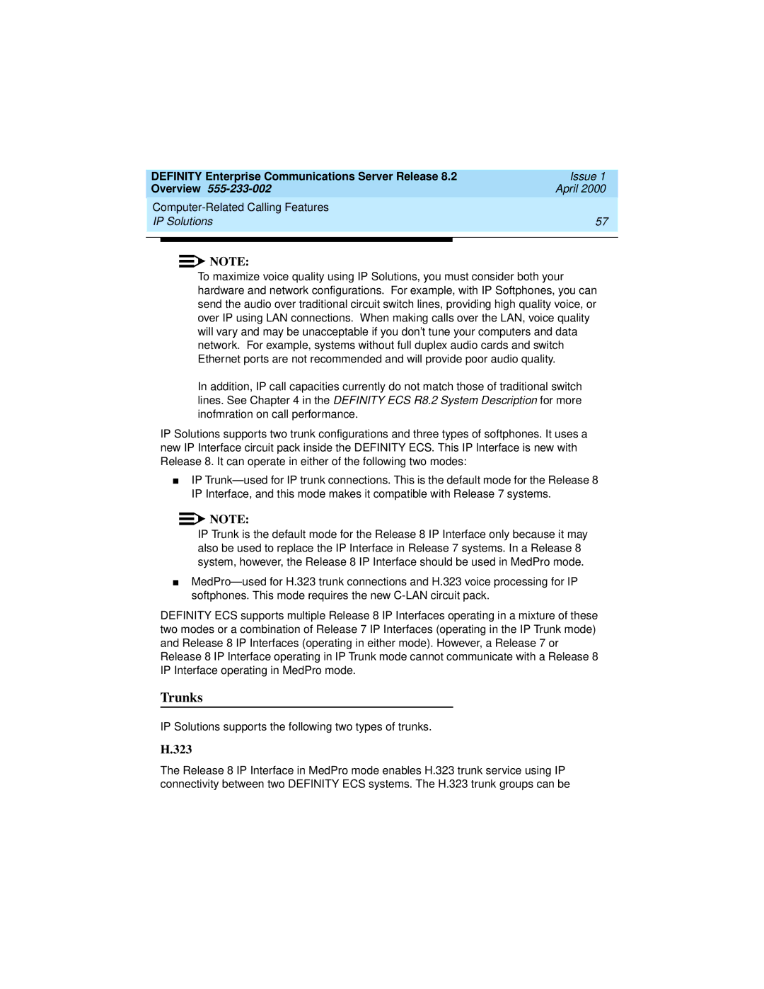 Lucent Technologies 8400, 9400 manual Trunks, 323, Computer-Related Calling Features IP Solutions 