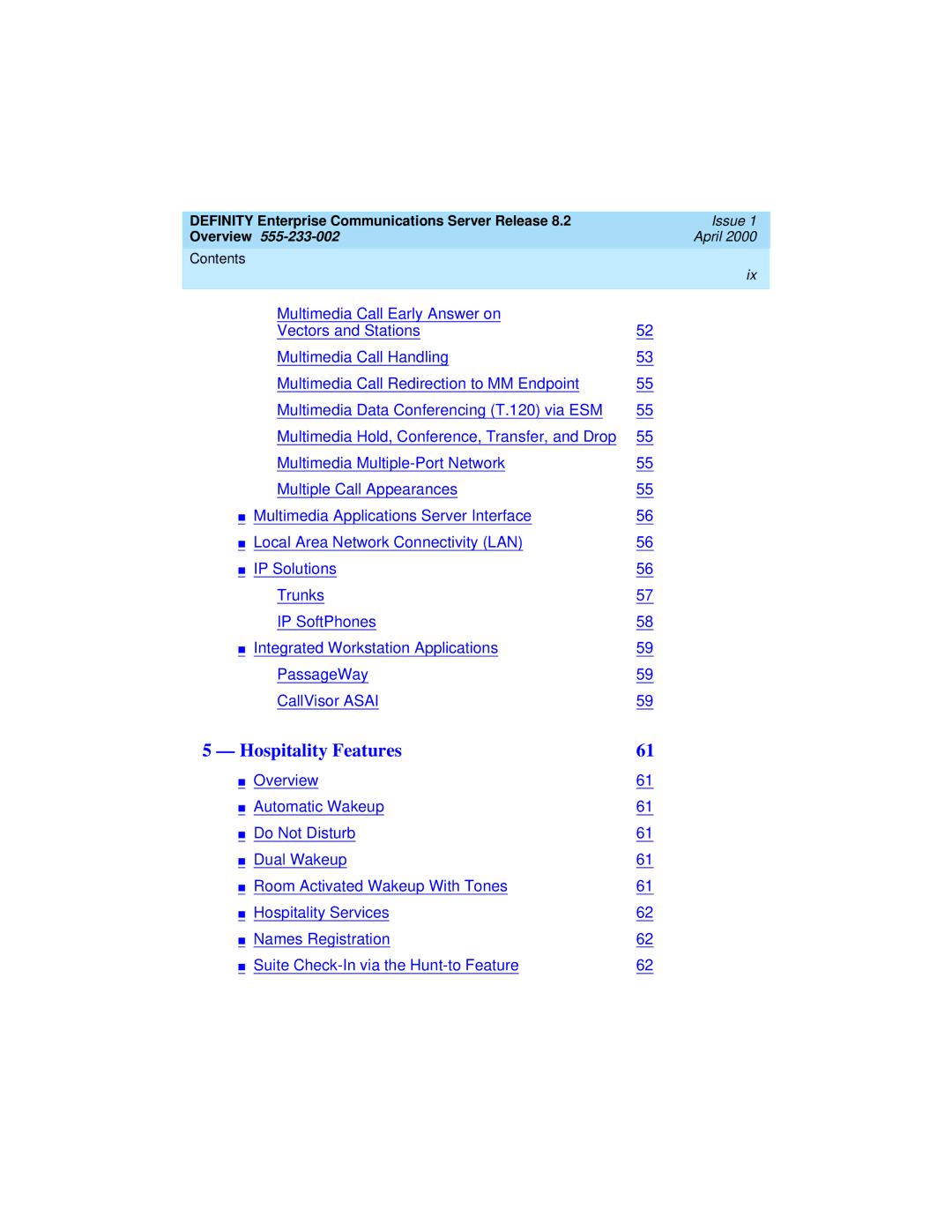 Lucent Technologies 8400, 9400 manual Hospitality Features 