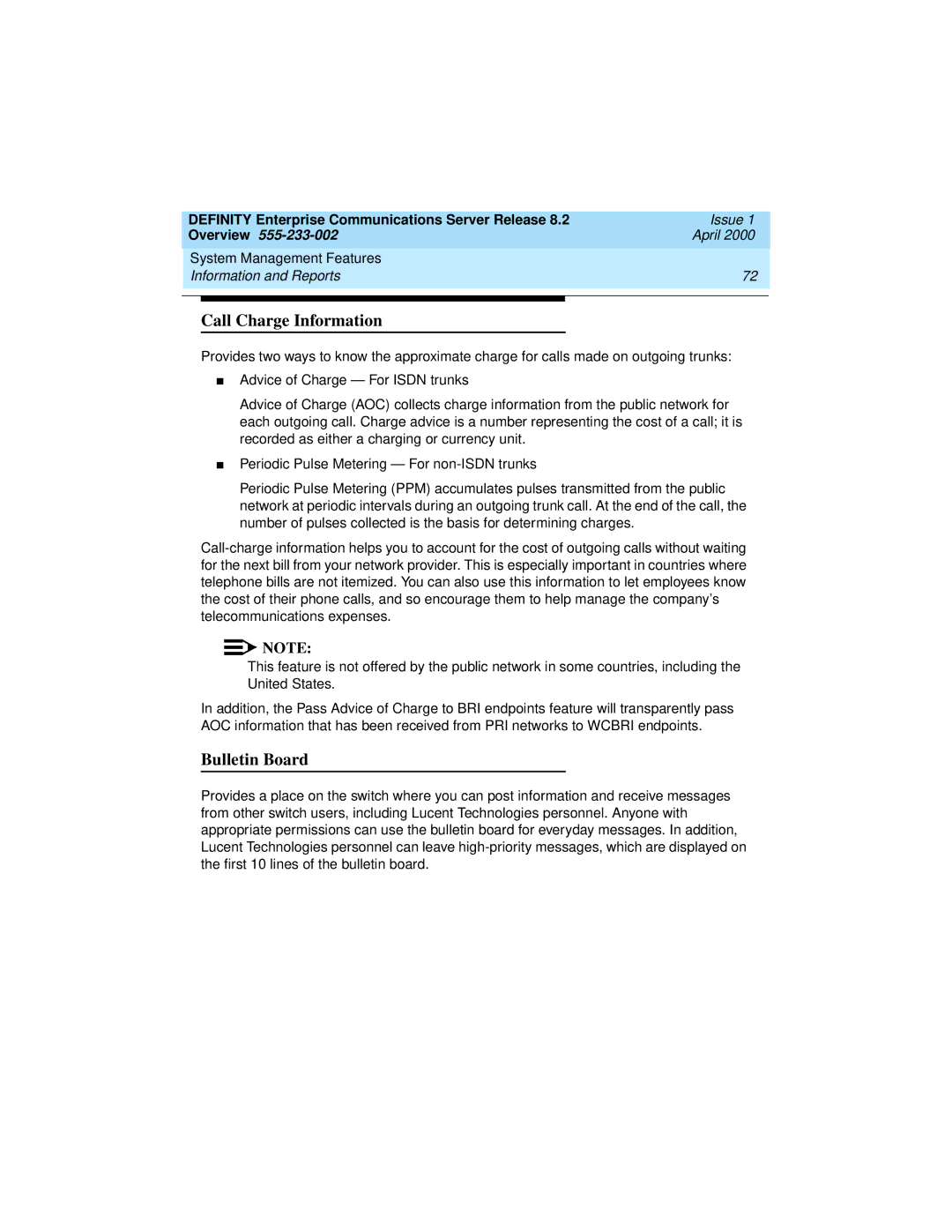 Lucent Technologies 9400, 8400 manual Call Charge Information, Bulletin Board 