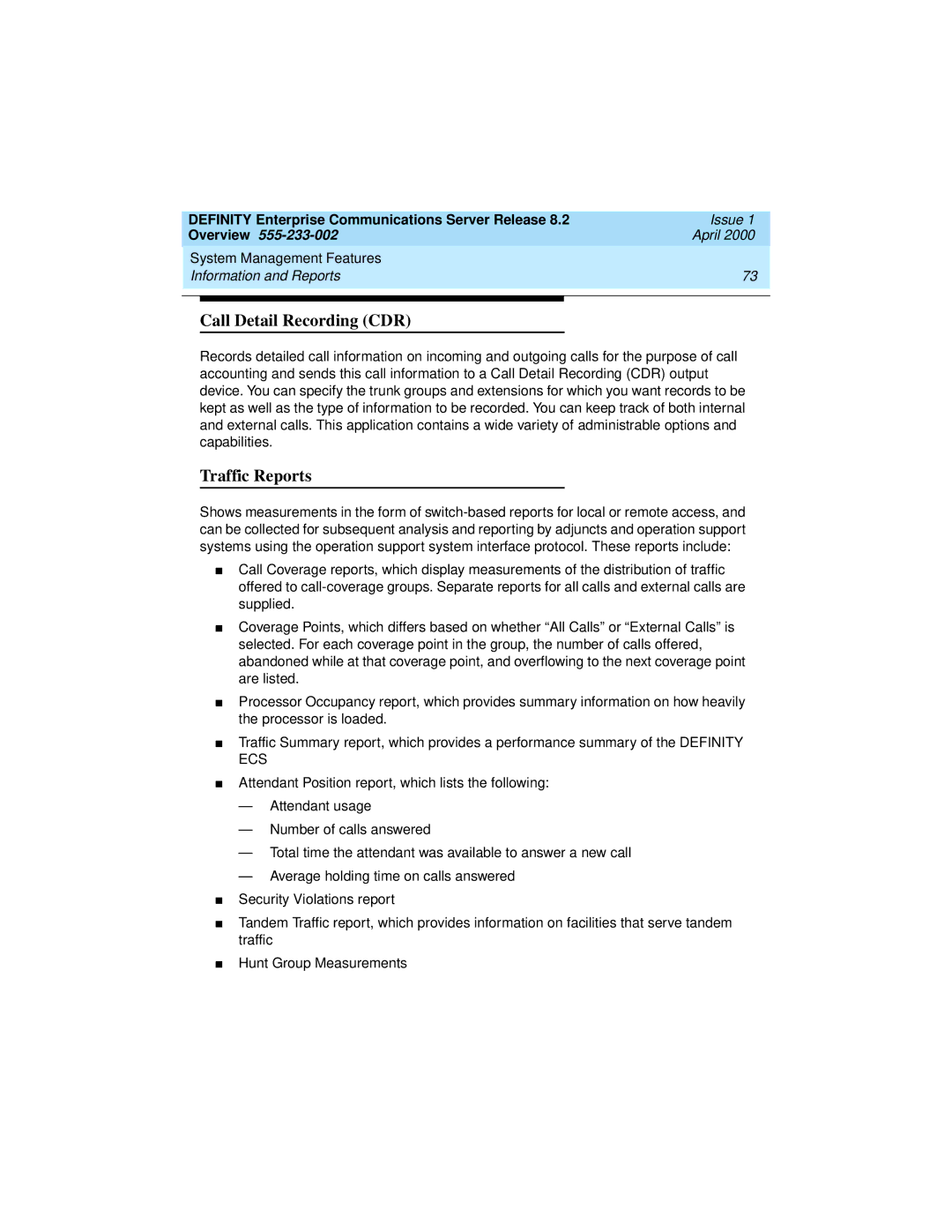 Lucent Technologies 8400, 9400 manual Call Detail Recording CDR, Traffic Reports 