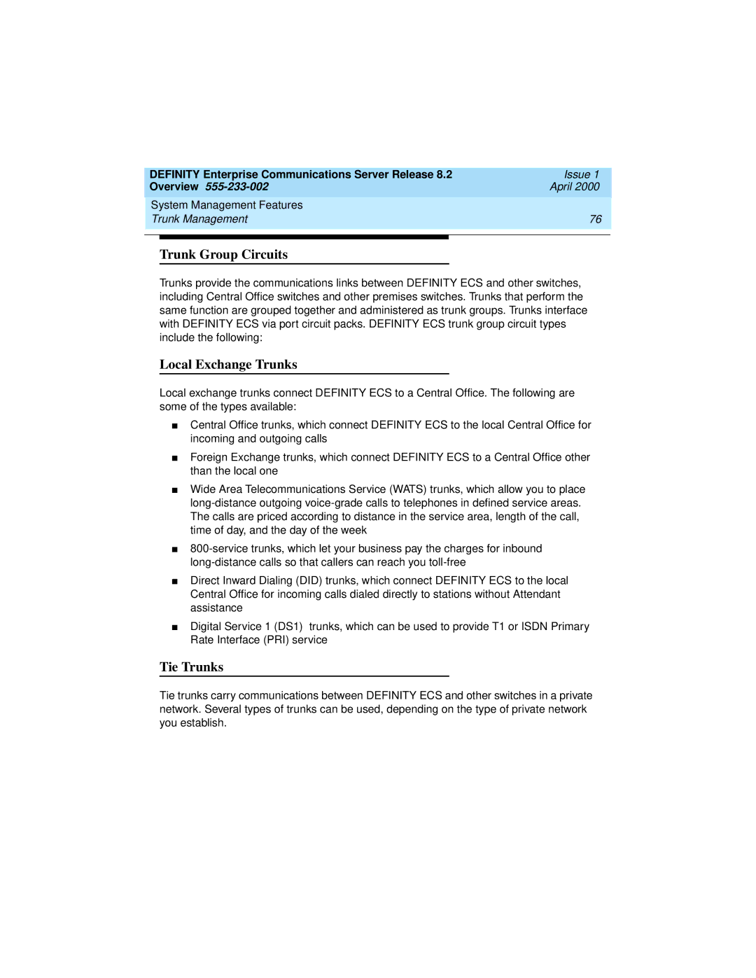 Lucent Technologies 9400, 8400 manual Trunk Group Circuits, Local Exchange Trunks, Tie Trunks 