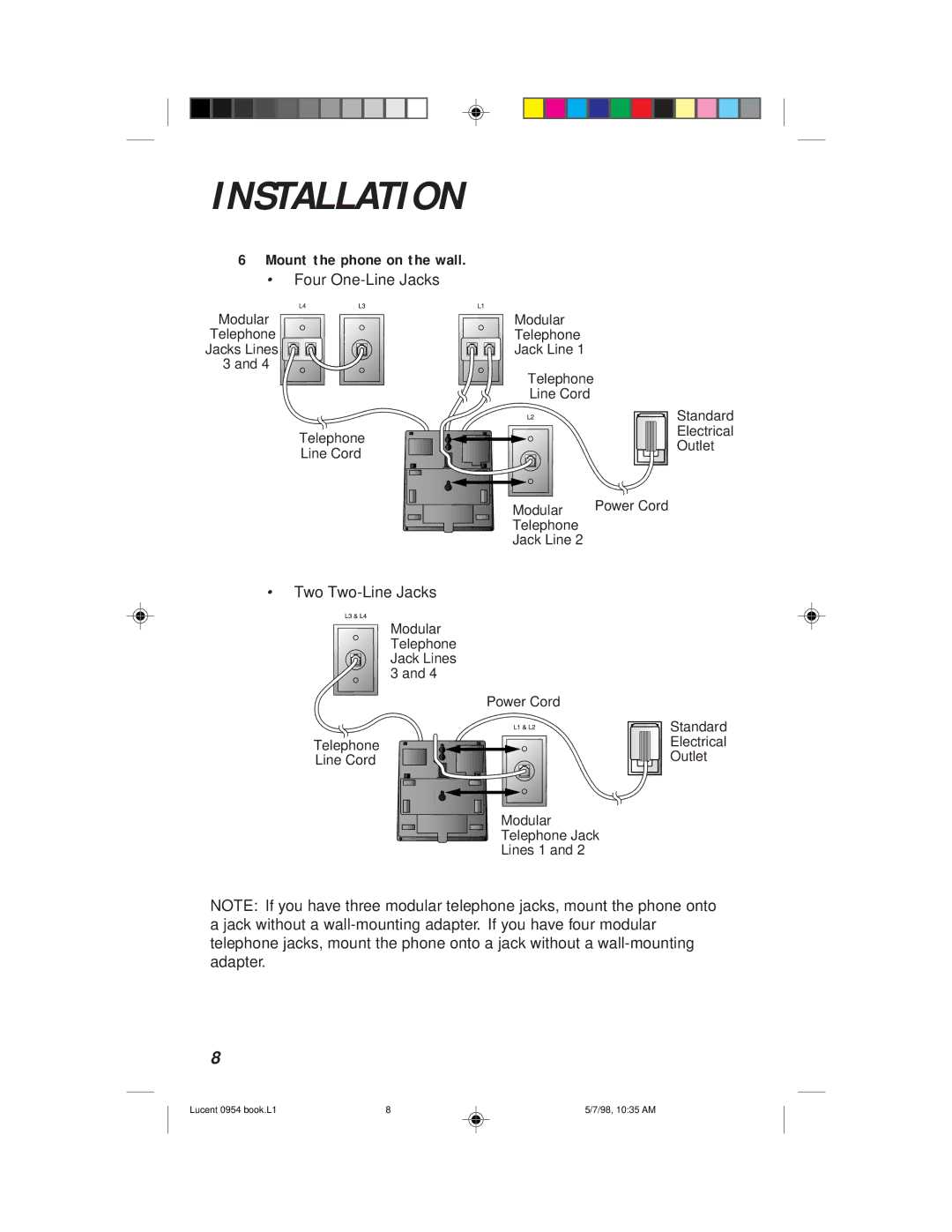 Lucent Technologies 954 user manual Mount the phone on the wall 