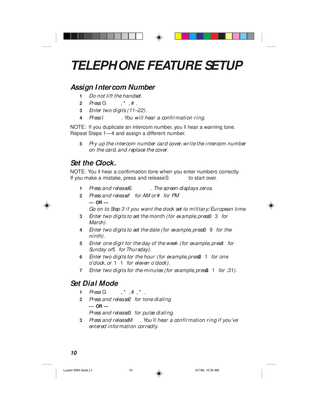 Lucent Technologies 954 user manual Telephone Feature Setup, Assign Intercom Number, Set the Clock, Set Dial Mode 