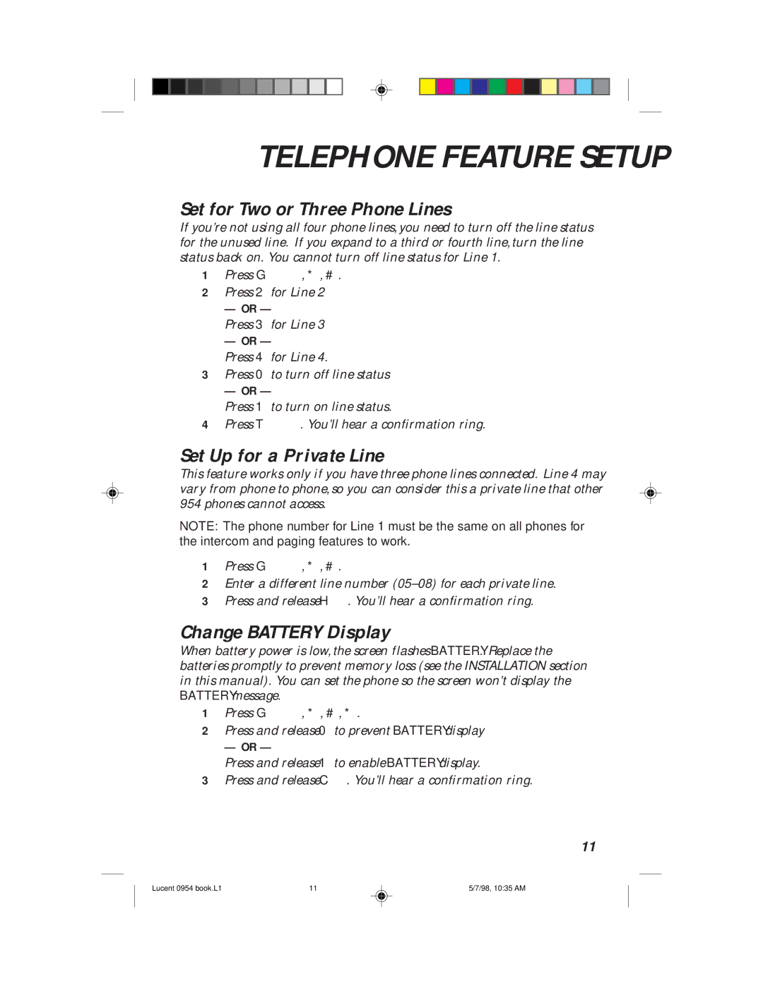 Lucent Technologies 954 user manual Set for Two or Three Phone Lines, Set Up for a Private Line, Change Battery Display 