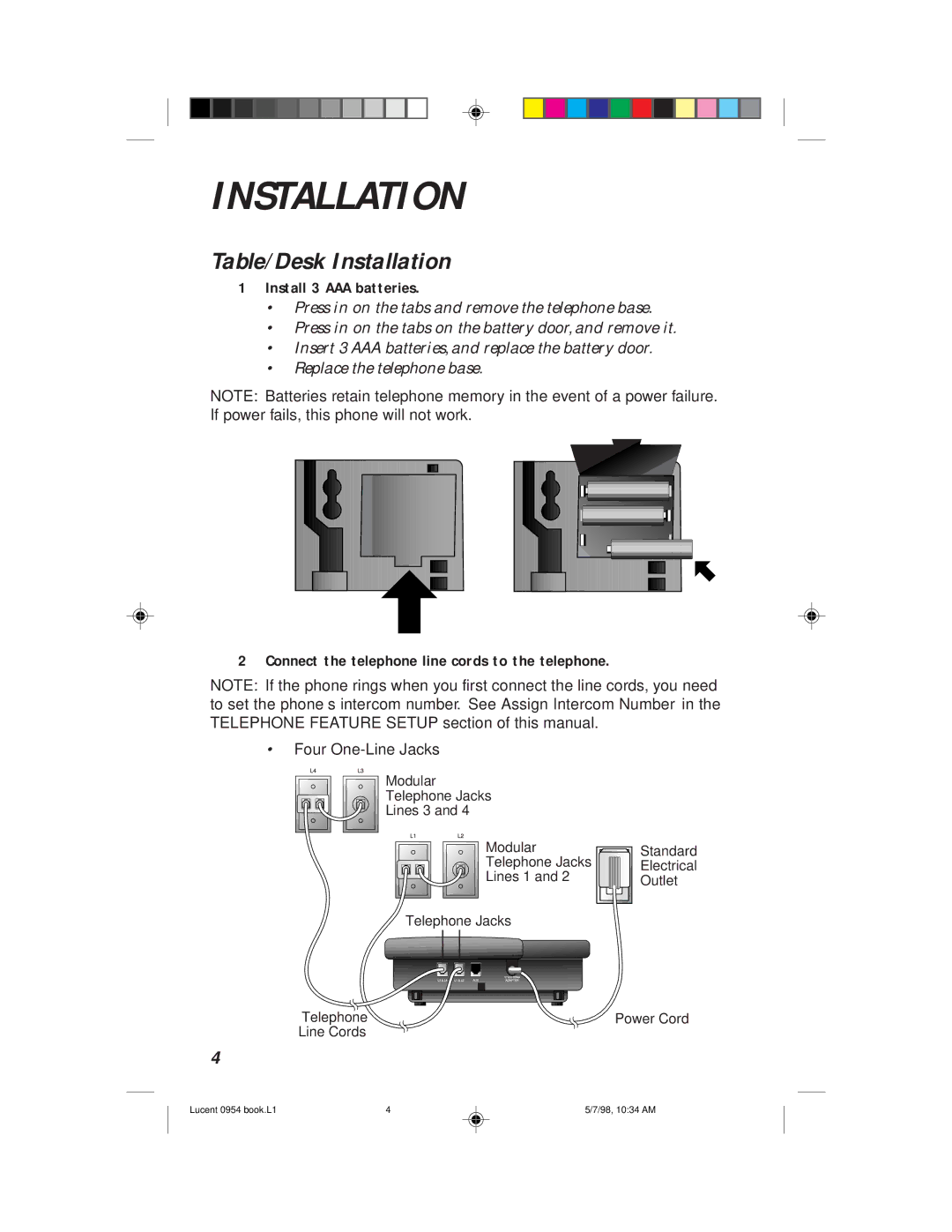 Lucent Technologies 954 user manual Table/Desk Installation, Install 3 AAA batteries 